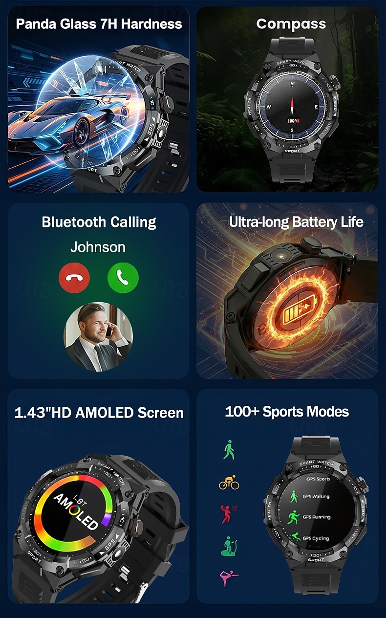 Smartwatch AMOLED da 1,43" per uomo e donna, chiamate Bluetooth, batteria da 700 mAh, impermeabile fino a 3 ATM, orologio fitness. del 2026 a $87.99 –P3