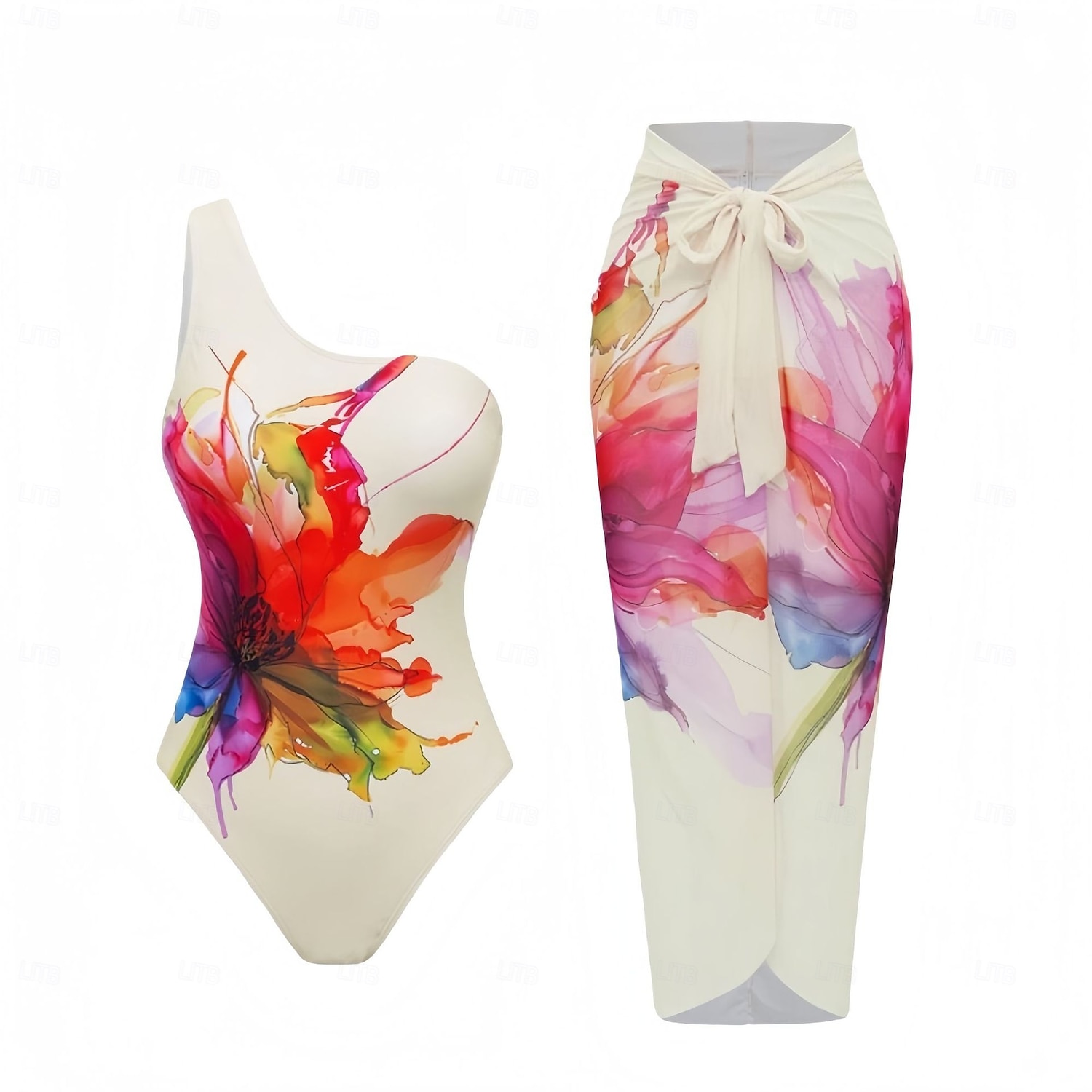 Mulheres Roupa de Banho 2 partes Monoquíni Saia roupa de banho Compressão abdominal Cintura Alta Delgado Frente Única Férias Roupa de Praia Floral Pescoço Assimétrico Sem Manga Fatos de banho de 2026 por $29.99 –P18