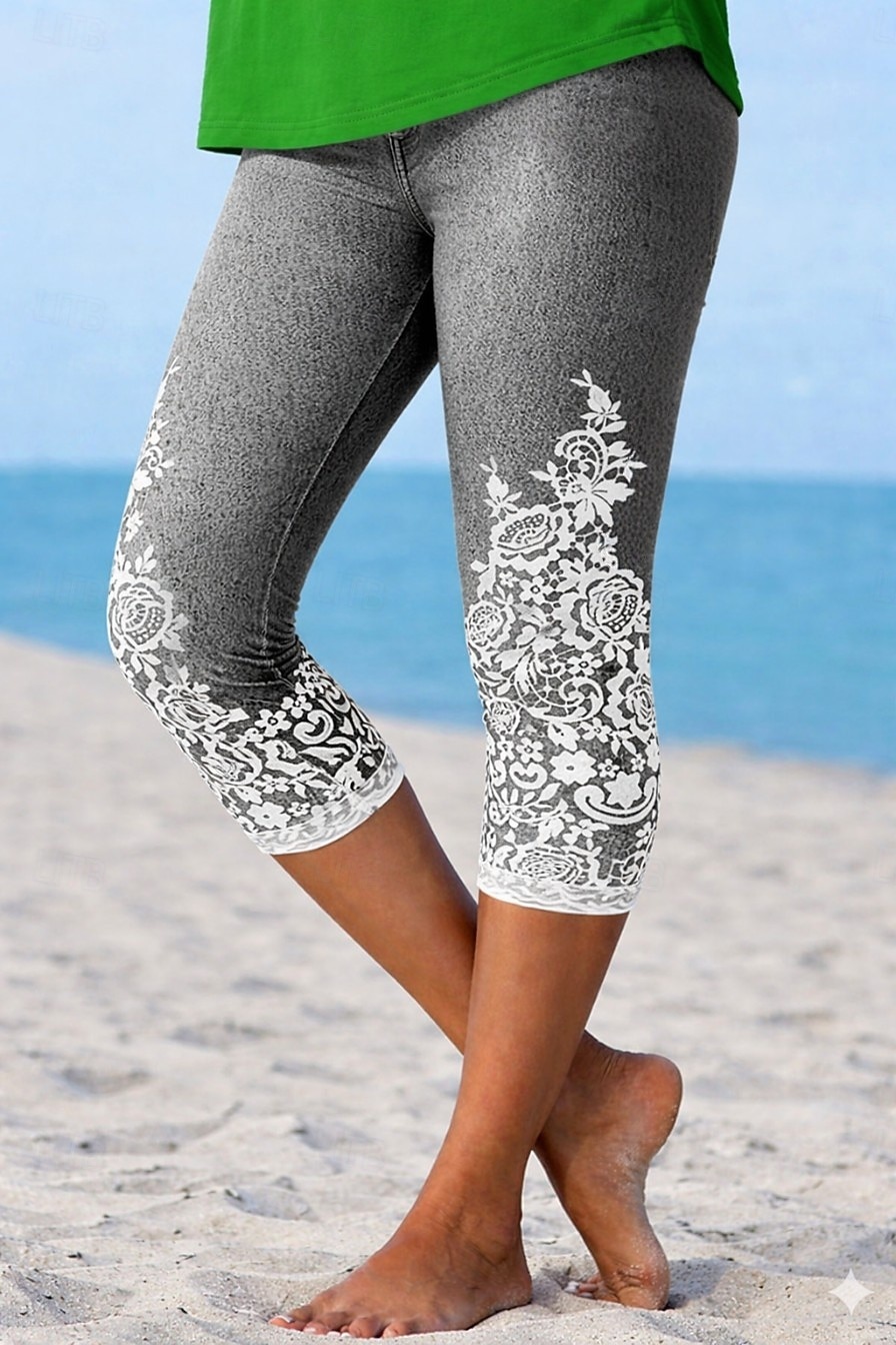 Damskie Getry Urlop Moda Hawajskie Capris Średni Talia Kwiaty Graficzny Drukowanie Nadruk Komfort Miękka Oddychający Wysoka elastyczność Codzienny Urlop Formalny Niebieski popielaty Lato Wiosna 2026 - $19.99 –P1