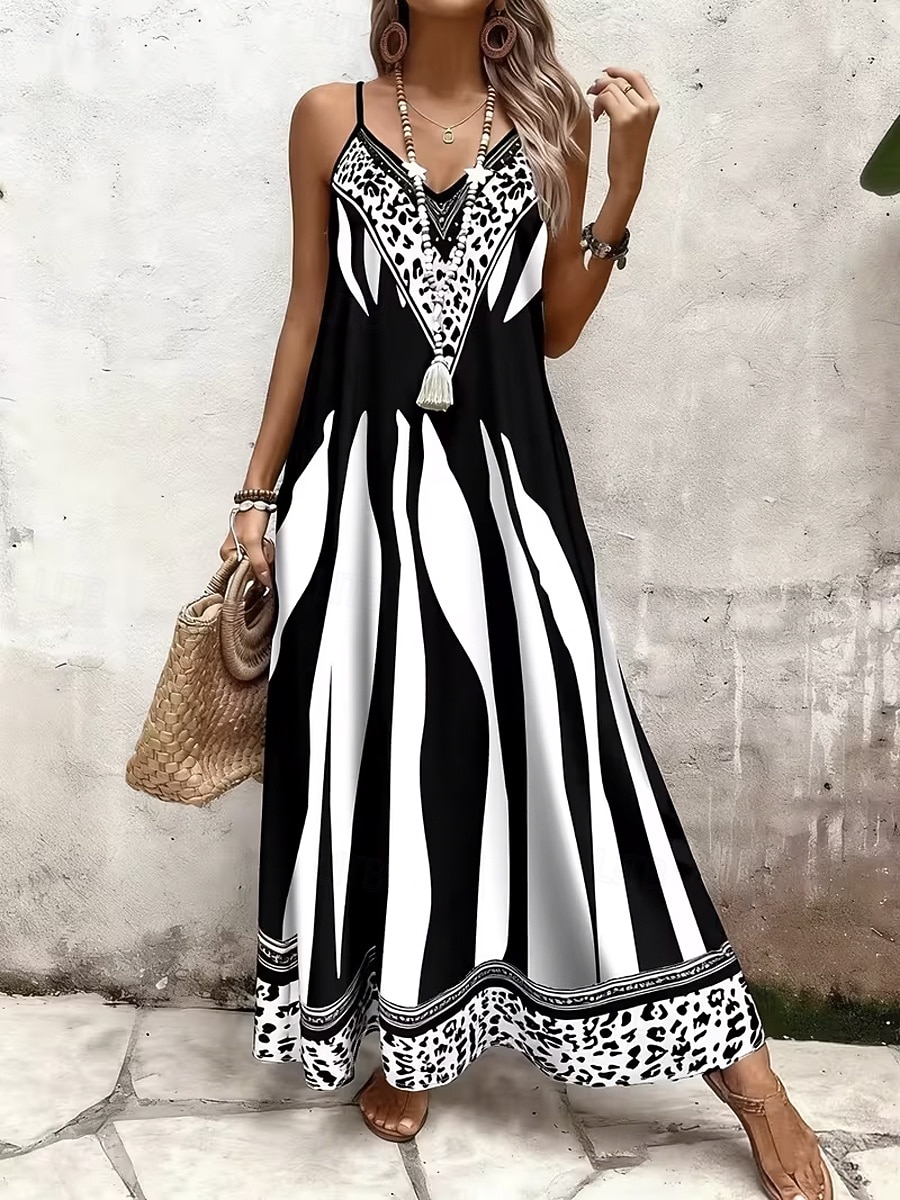 Per donna Abito maxi Vestito Estivo Abito a trapezio Abito Sottoveste Vacanza Casual Spiaggia Uscire Vestibilità regolare Grafico Leopardo Blocco di colori Senza Maniche Scollo a V Nero Estate del 2026 a $36.99 –P3