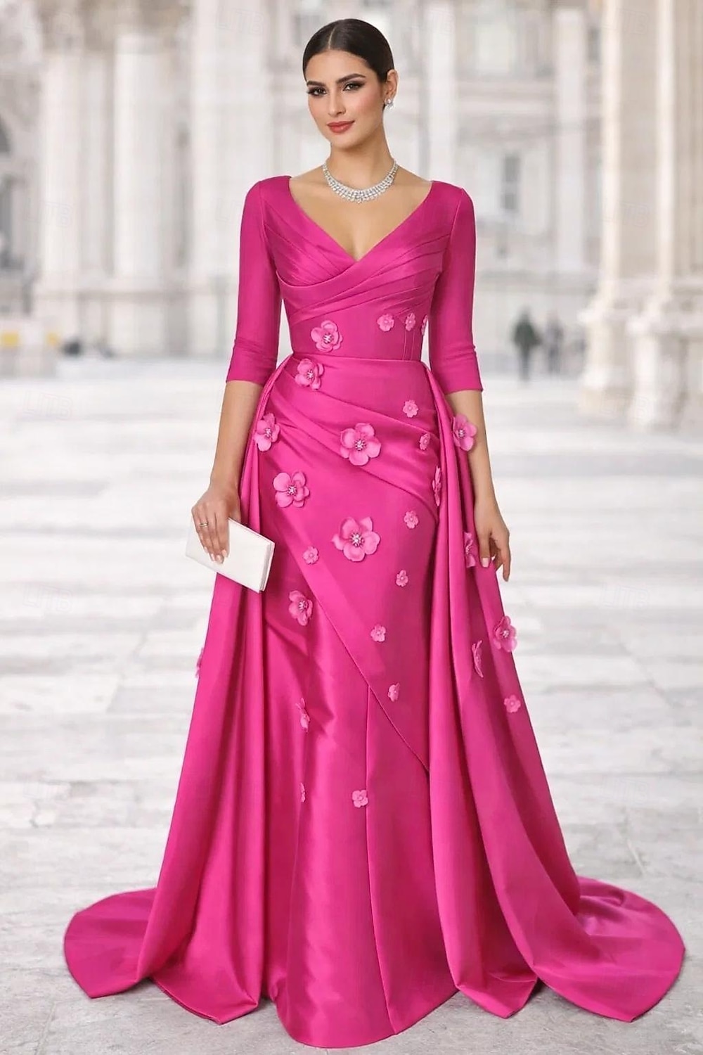 Linea ad A Strascico a Terra Lunghezza al pavimento Abito da Sera Abito da ballo con sopragonna Elegante Scintillante Floreale Mezza Manica Scollo a V Balli di fine anno Festa serale Vestito Rosa Raso del 2026 a $194.99 –P1