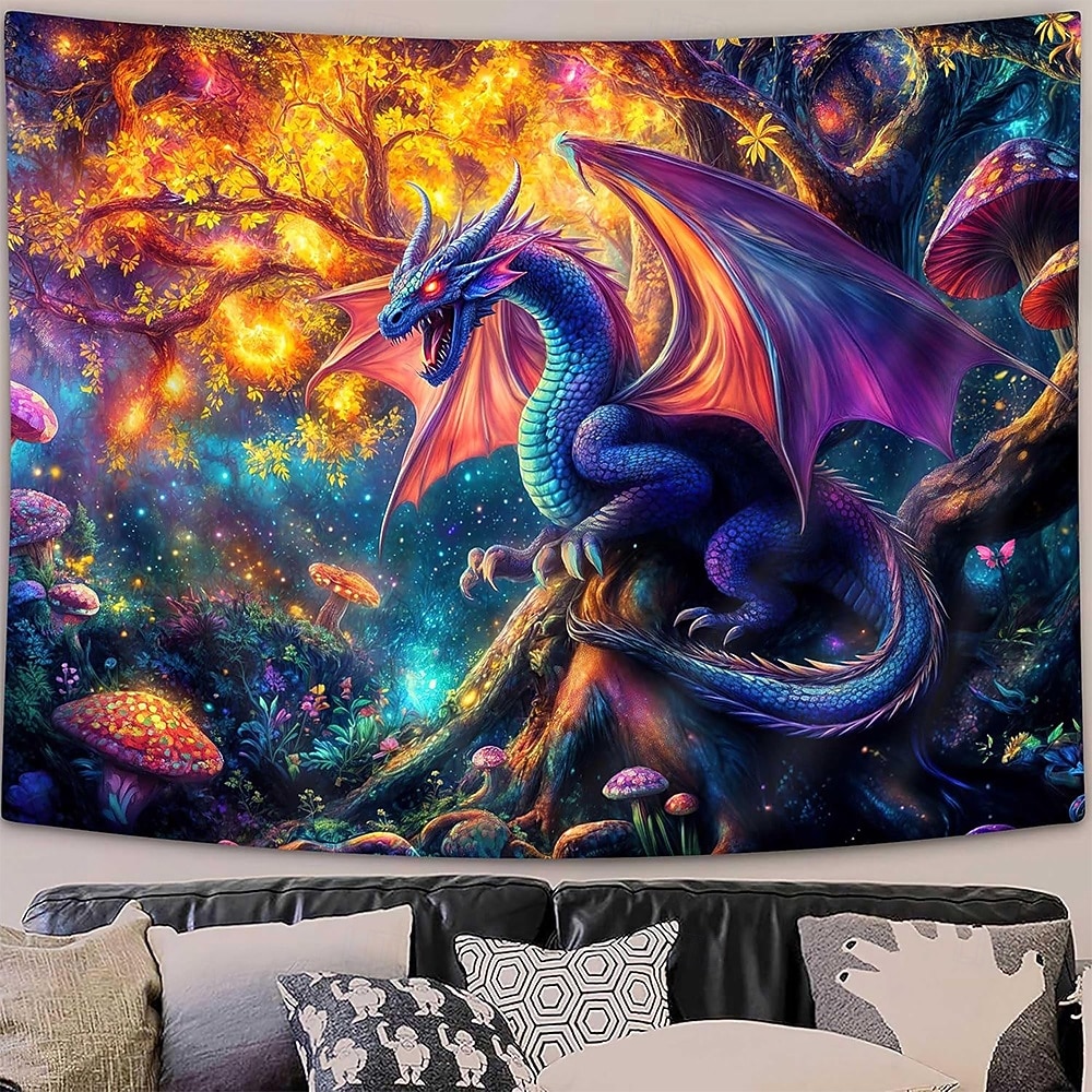 Fantasy Mythical Purple Dragon Magic Enchanted Forest Glowing Mushroom Psychedelic Art Large Wall Tapestry Hanging for Living Room Bedroom Dorm Home Decor Mural Backdrop 2026 - ZAR R350.38 –P1