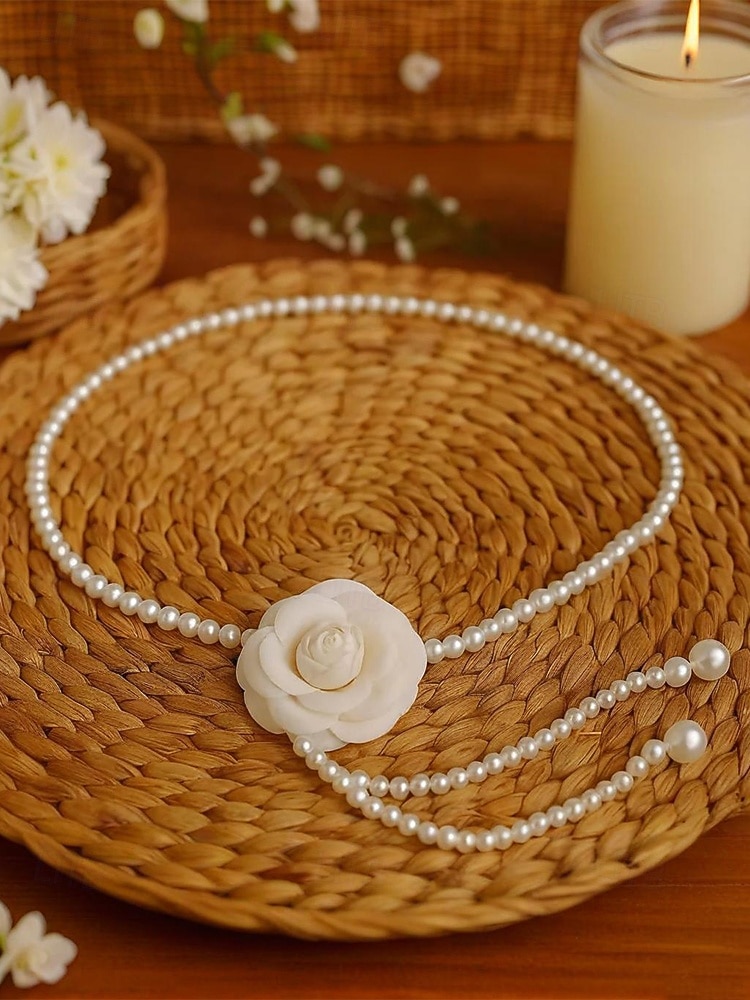 Collar de cadena para la cintura con perlas de imitación de camelia para mujer en blanco y negro, joyería elegante y versátil para bodas, fiestas nocturnas, para ir al trabajo y ocasiones formales. 2026 - $11.99 –P8