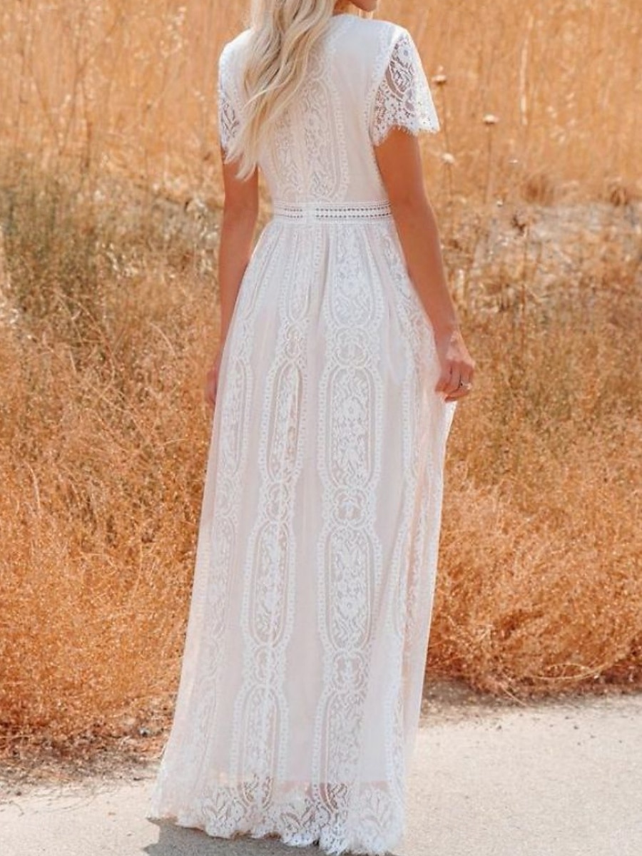 Women's Maxi Dress White Lace Dress Elegant Fashion Modern Outdoor Vacation Going out Regular Fit Plain Short Sleeve V Neck White Summer Spring 2026 - $43.99 –P3