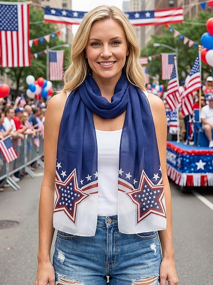 Patriotischer Damenschal aus Polyester-Chiffon, leicht und atmungsaktiv mit Sternenmuster, ideal für die Feierlichkeiten zum 250. Jahrestag der USA, den Unabhängigkeitstag, den Alltag und den Urlaub. 2026 - $19.99 –P1