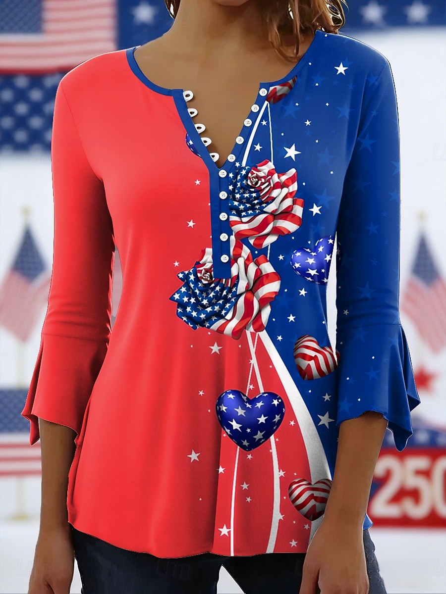 Uavhengighetsdagen Patriotisk Kvinne Bluse Grafisk Flagg Elegant Stilig 3/4 Lengde Erme Crew Hals Vanlige Topper Daglig Gå Ut Volanger Knapper Hvit Rød Sommer Vår 2026 - $28.99 –P3