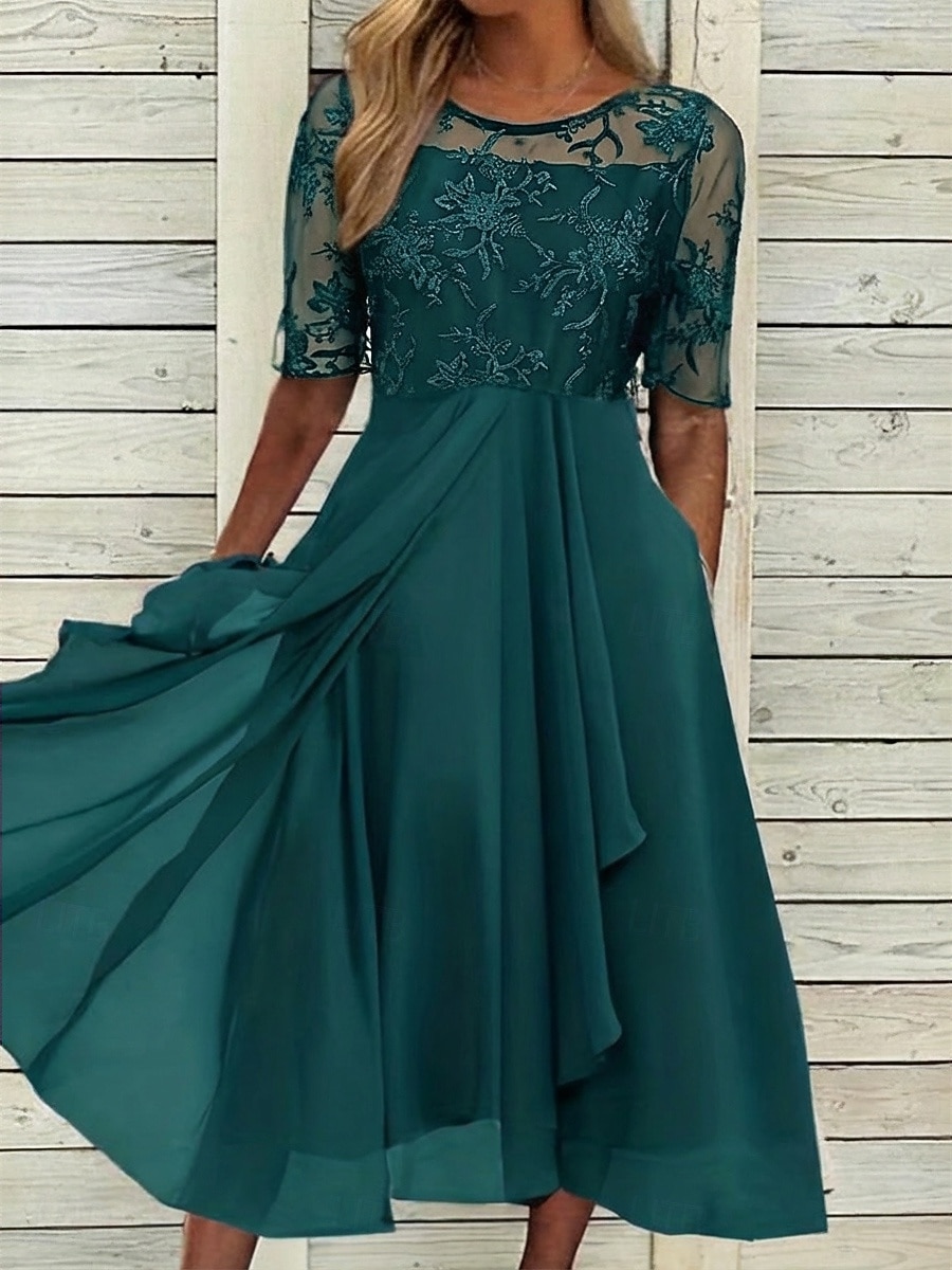 Damen Midikleid Spitzenkleid Cocktailkleid Kleid für Hochzeitsgäste Chiffonkleid Elegant Formell Party Hochzeit Normale Passform Halbarm Rundhalsausschnitt Blau Rosa Wein Dunkelgrün Sommer 2026 - $44.99 –P7