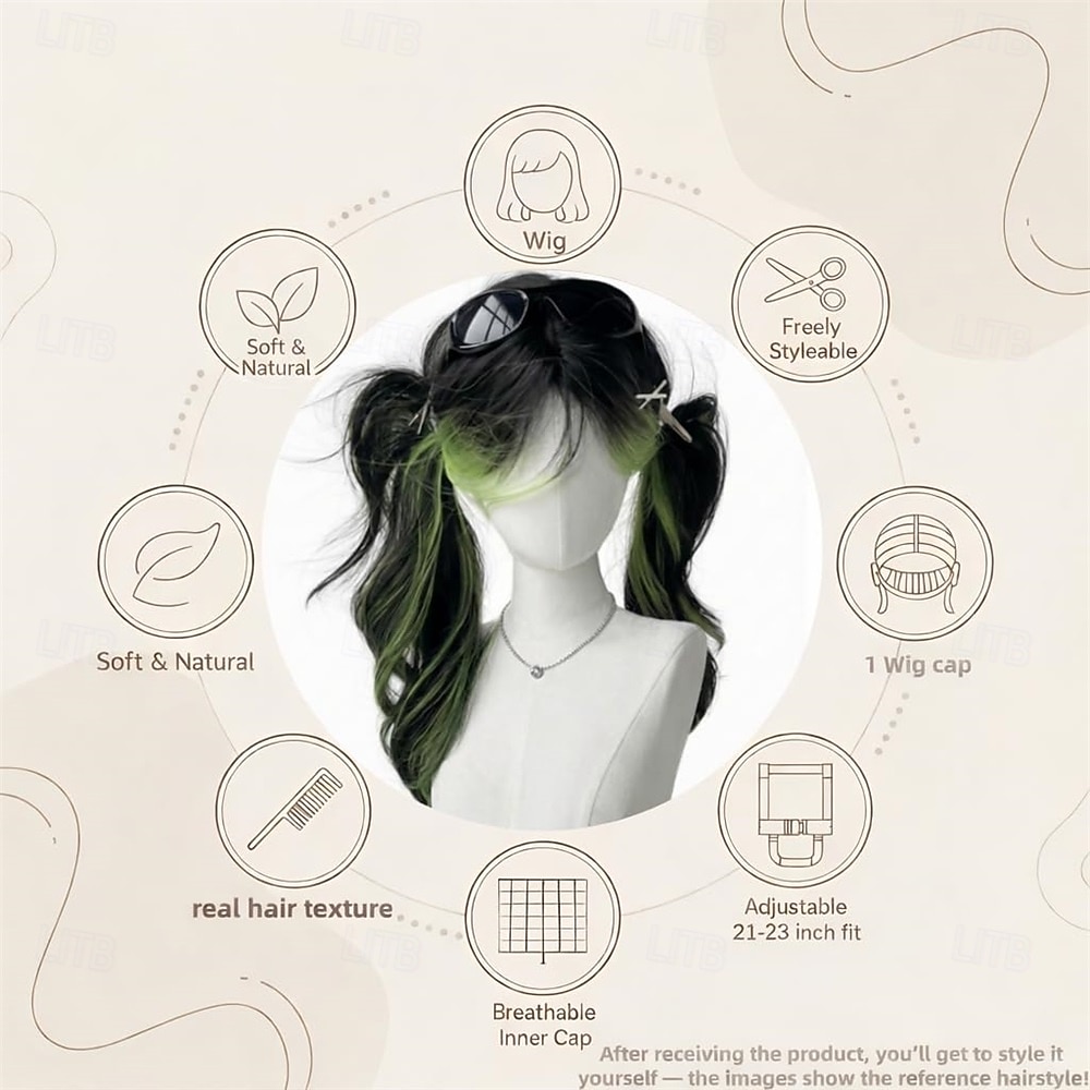 Natuurlijke zwarte pruik met groene highlights, lang en golvend haar en pony. &Hittebestendige synthetische gothic lolita cosplay pruik met middenscheiding voor vrouwen, ideaal voor dagelijks gebruik 2026 - $30.99 –P5