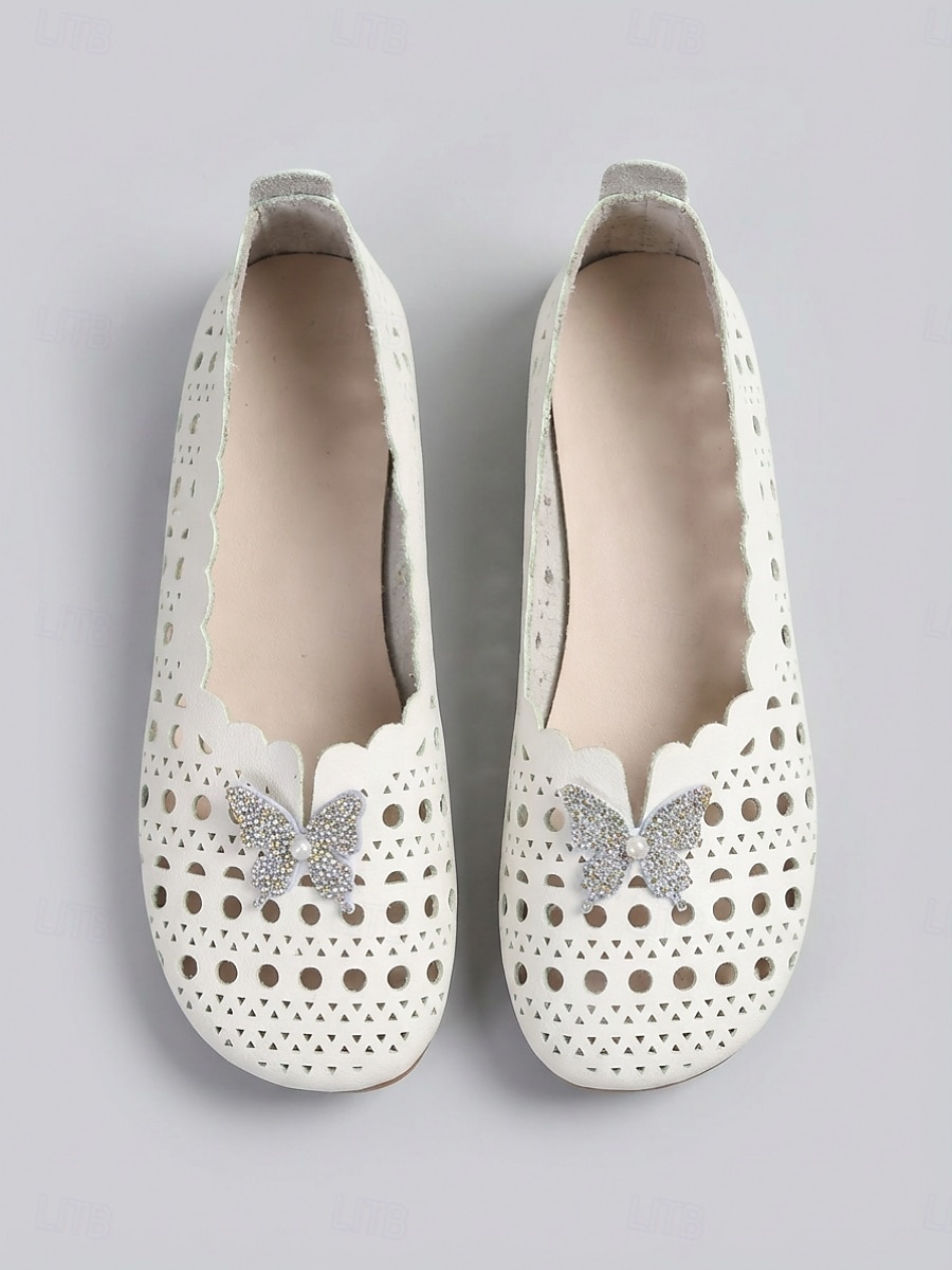 Sapatos femininos brancos de bico largo com borboleta de strass – mocassins vazados macios e respiráveis para uso casual, viagens e dia a dia. de 2026 por $19.99 –P1
