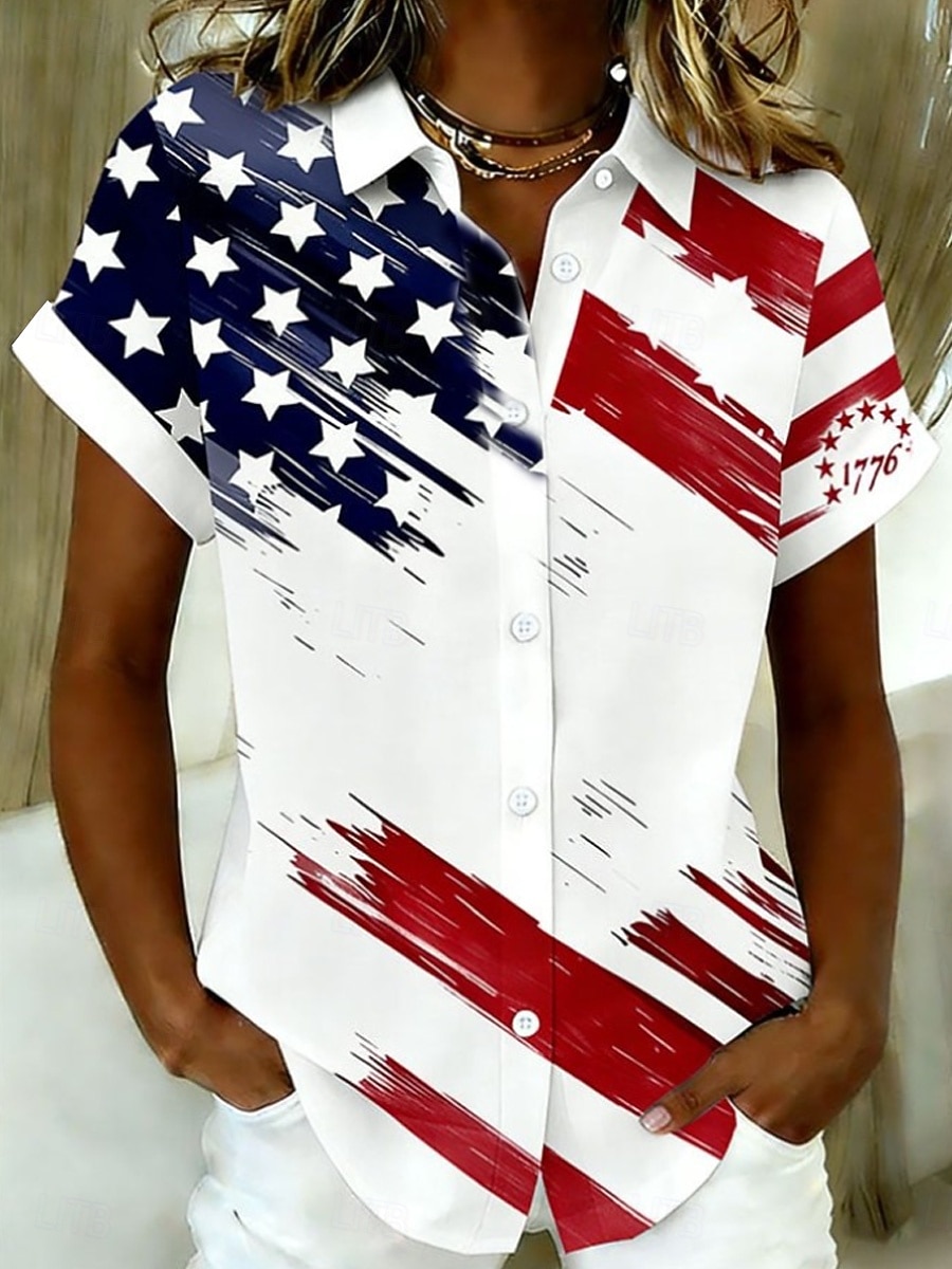 Camisa Feminina Dia da Independência Americana Blusa Manga Curta Gráfica Bandeira Vintage Estilosa Casual Sem Mangas Gola Regular Tops Diários Azul Branco Azul Claro Verão Primavera de 2026 por $26.99 –P1