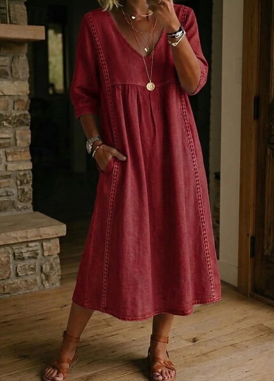 Abito Midi da Donna in 100% Cotone Abito a Finta Lino Abito all Aline Abito Estivo Vacanza Festa Casual Giornaliero Ufficio Spiaggia Vestibilità Larga Semplice Maniche Corte Collo a V Blu Chiaro Nero del 2026 a $31.99 –P5