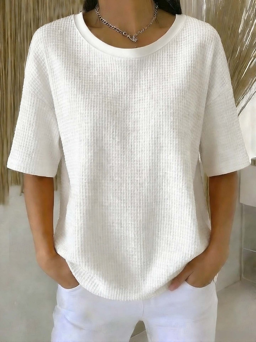 Жен. Вафельная рубашка Футболка Футболки Топы в вафельном вязании Сплошной цвет Классика Современное На каждый день С короткими рукавами Вырез под горло Обычные топы Повседневные Праздники На выход 2026 - $26.99 –P12