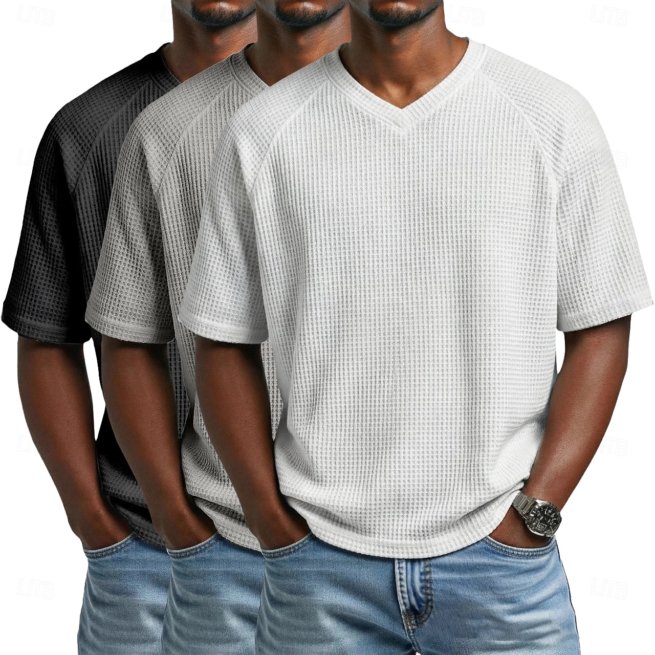 3 pezzi t-shirt da uomo waffle maglietta a maniche corte scollo a V estate tinta unita testurizzata alla moda designer casual multipack maniche raglan casual quotidiano esterno blu bianco maglietta del 2026 a $51.99 –P9