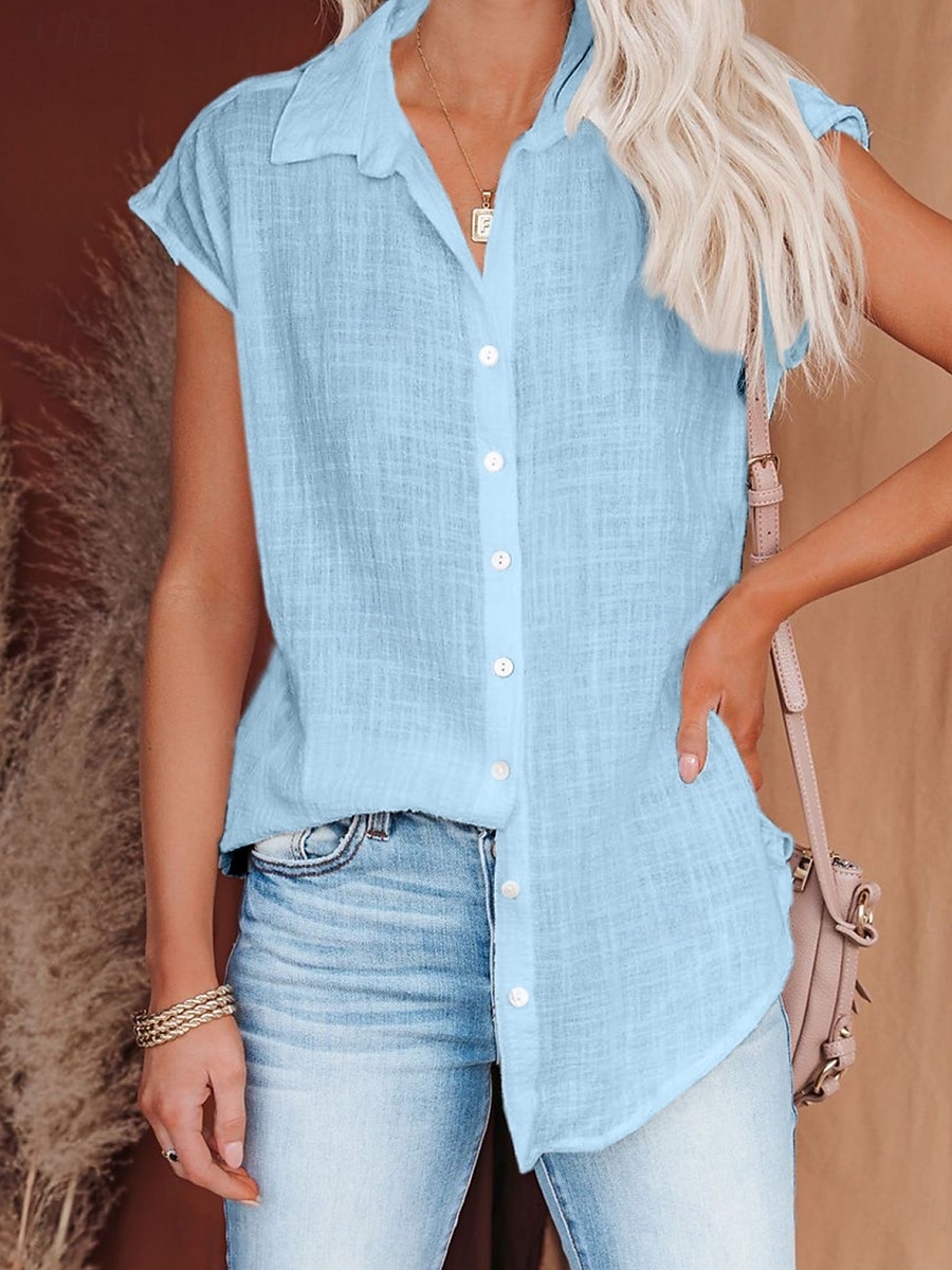 Women's Blouse Cotton Shirt Buttons Solid Color Vintage Daily Stylish Short Sleeve Shirt Collar Regular Tops Daily Blue Black White Pink Wine Summer Spring 2026 - $19.99 –P11