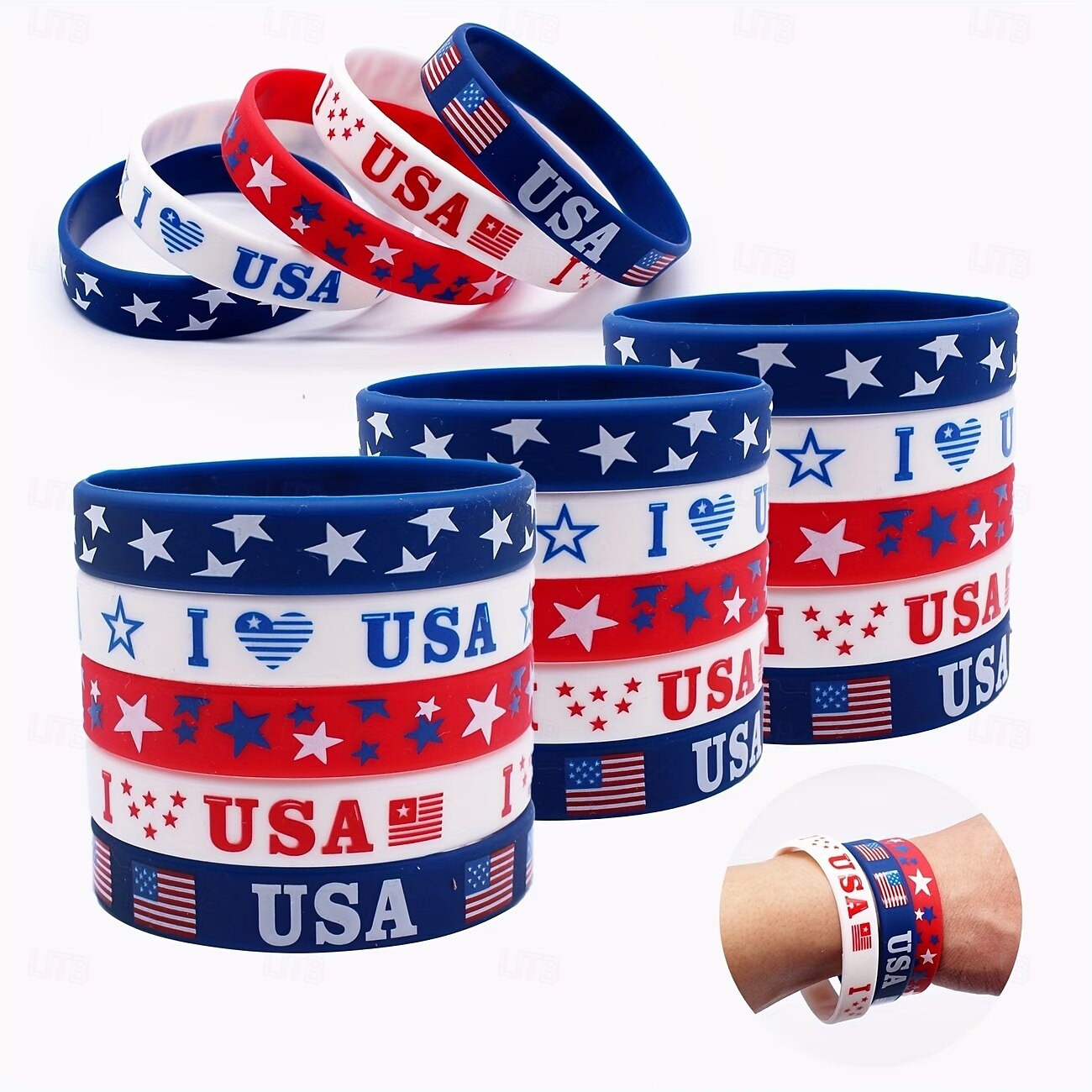 18 braccialetti patriottici in silicone – rosso, bianco &design bandiera blu degli Stati Uniti, braccialetti regolabili multicolori per il 4 luglio, il Memorial Day, bomboniere del 2026 a $15.99 –P3