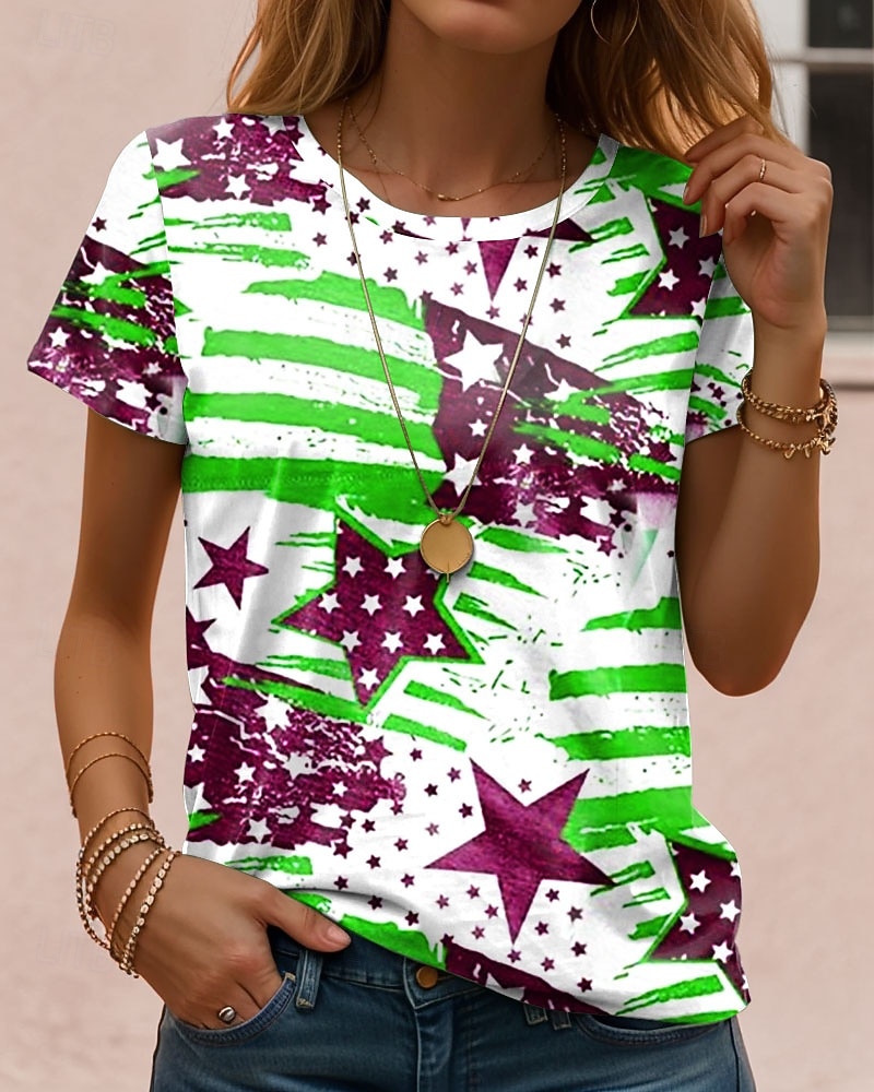 Amerikanischer Unabhängigkeitstag Damen T Shirt Druck Grafik Stern Vintage Stilvoll Klassisch Kurzarm Rundhalsausschnitt Normale Oberteile Täglich Rote Purpur Orange Grün Sommer Frühling 2026 - $22.99 –P4