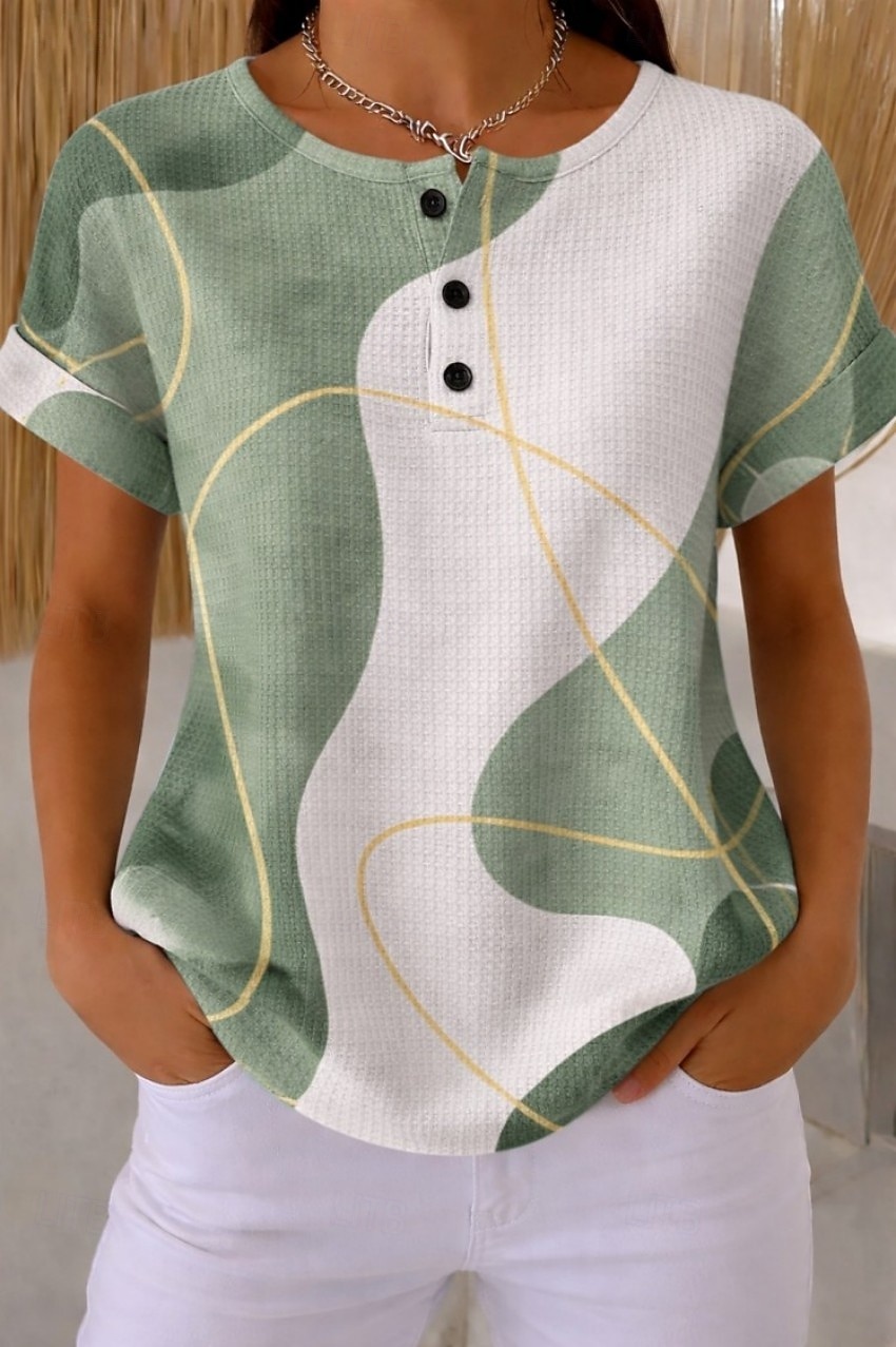 Tops en tricot texturé en gaufre pour femmes T-shirt dégradé graphique géométrique élégant classique à manches courtes col rond Henley hauts réguliers sports quotidiens noir et blanc vert clair kaki de 2026 ? $21.99 –P1