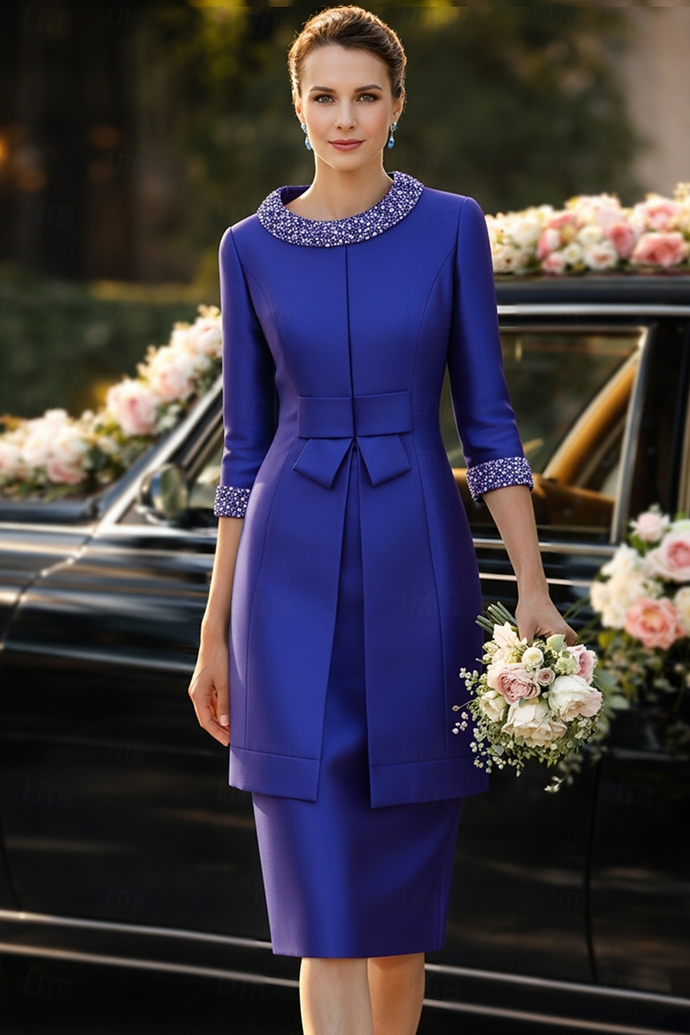 Dos Piezas Funda Columna Hasta la Rodilla Vestido Invitada Boda Vestido de Madrina Correas Joya Elegante Invitado a la boda Fiesta de Boda Iglesia Satén Vestidos de chaqueta con Cinta / Lazo Lazo(s 2026 - $206.99 –P8