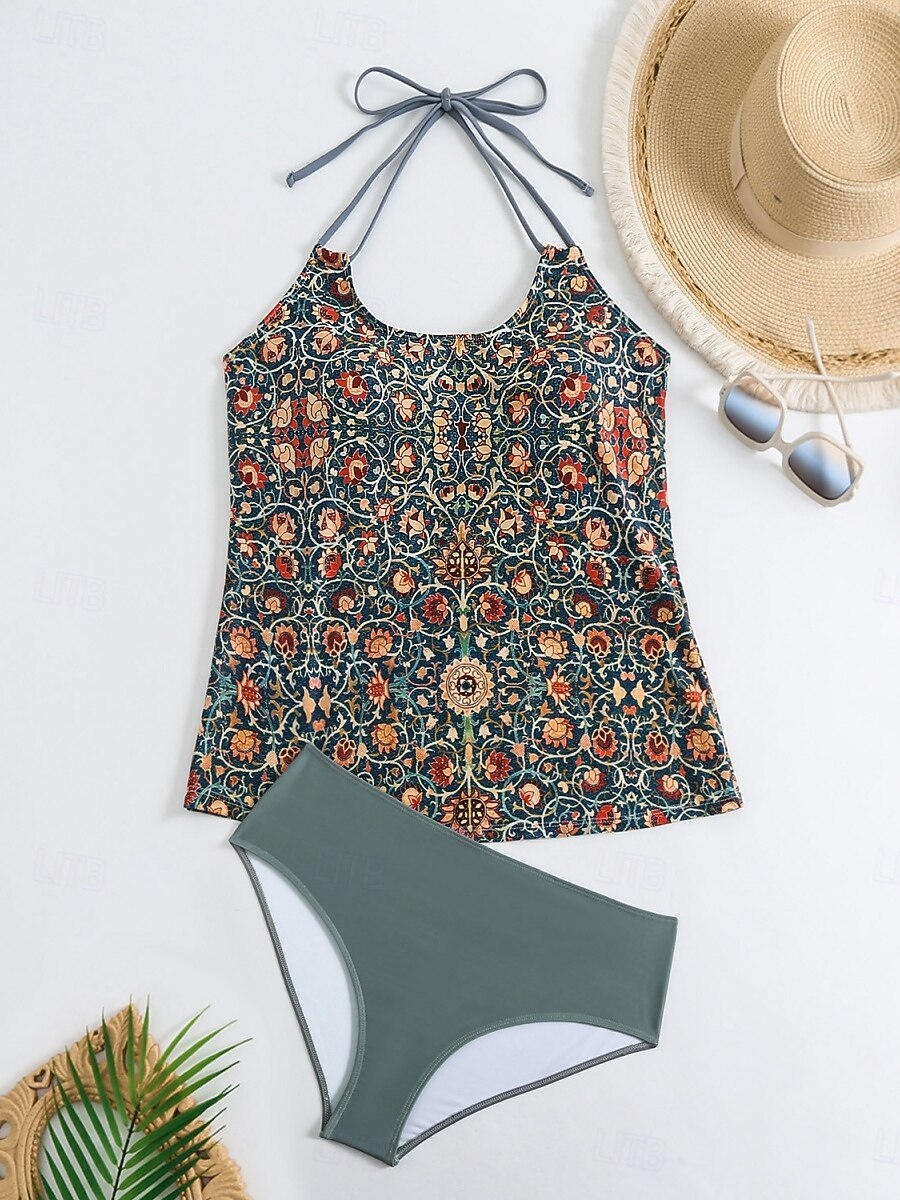 Damen Badeanzug Tankini Zweiteilig Freche Unterhose Bademode Bauchkontrolle Hohe Taille Schlank Rückenfrei Urlaub Strandbekleidung Blumen U-Ausschnitt Ärmellos Badeanzüge 2026 - $24.99 –P4