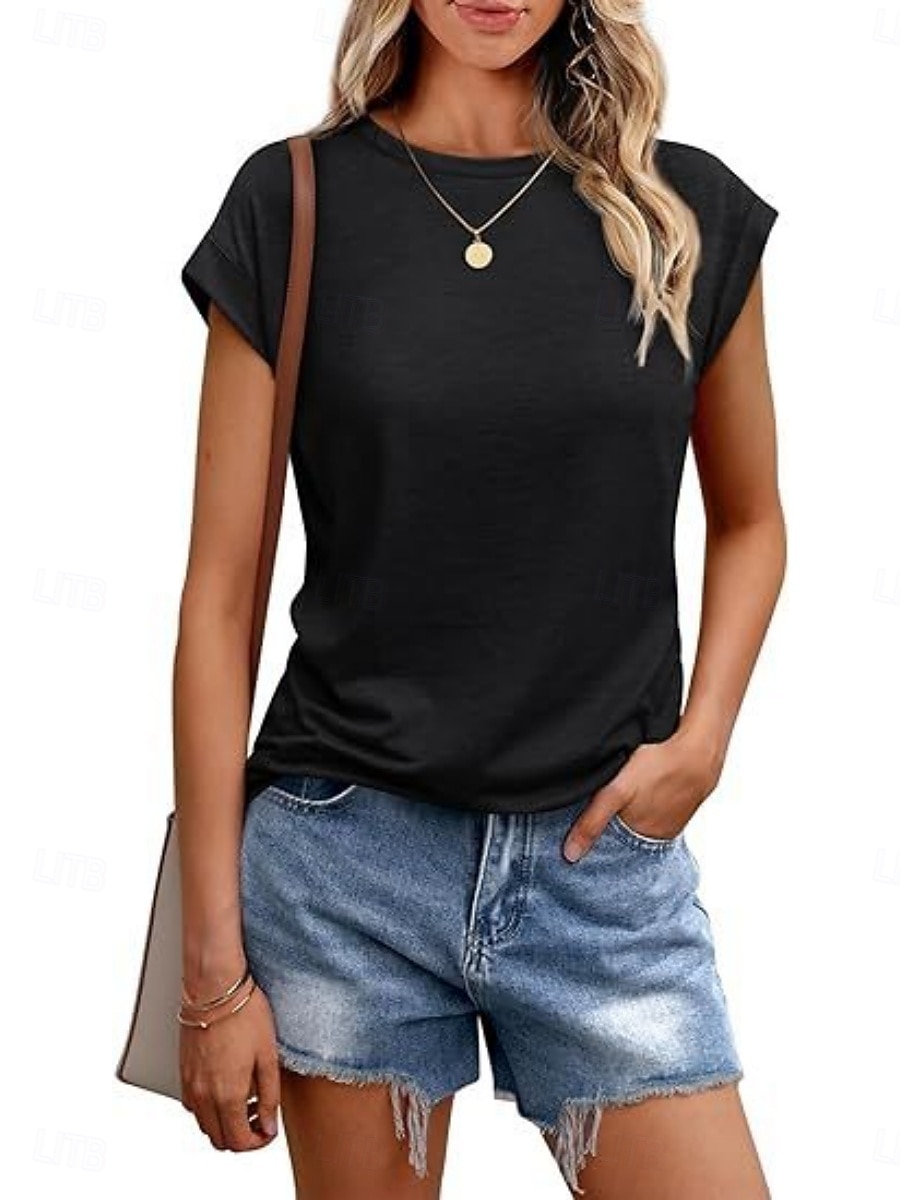 Damen T Shirt T-Shirt Einfach Mode Stilvoll Klassisch Kurzarm Rundhalsausschnitt Normale Oberteile Täglich Ausgehen Wochenende Blau Schwarz Weiß Hellgrün Rosa Sommer Frühling 2026 - $19.99 –P2