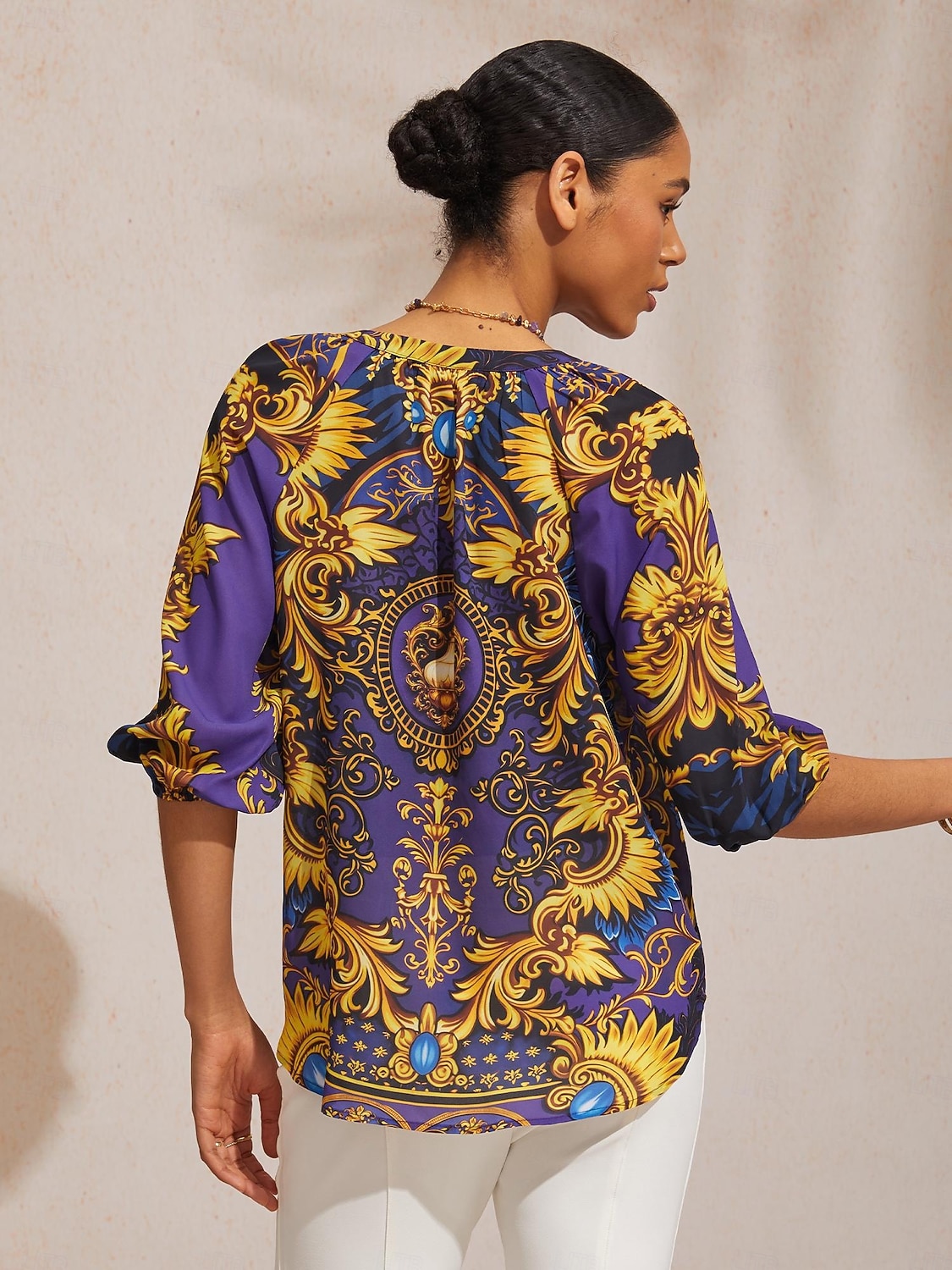 Топ из барочного шифона темно-синего цвета с рукавами 3/4 2026 - $67.99 –P10