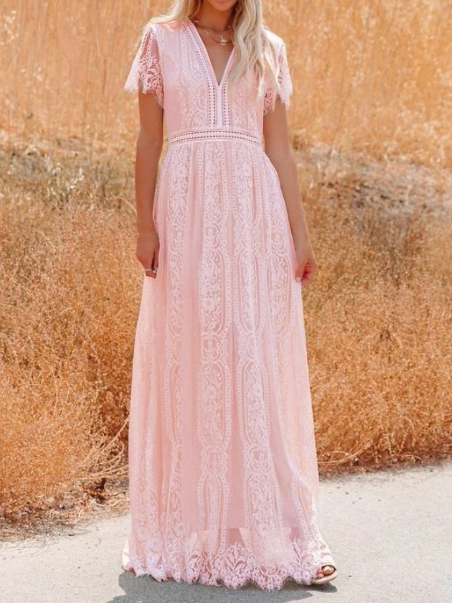 Women's Maxi Dress White Lace Dress Elegant Fashion Modern Outdoor Vacation Going out Regular Fit Plain Short Sleeve V Neck White Summer Spring 2026 - $43.99 –P12
