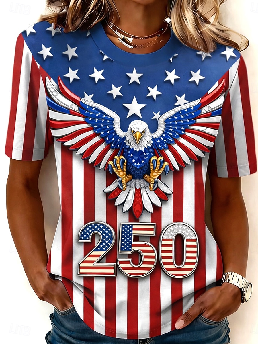 Giorno dell'Indipendenza Americana Per donna Maglietta Stampato Grafico Bandiera Lettera Vintage Elegante Classico Manica Corta Girocollo Top Regolari Quotidiano Nero Bianco Rosso Estate Primavera del 2026 a $22.99 –P1