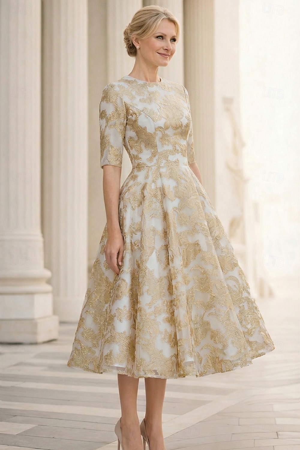 Corte A Vestido Midi Vestidos de coctel Elegante Vintage Lentejuelas Media Manga Cuello Barco Fiesta de jardin Boda Bolsillo Satén Jacquard con Estampado flor Bolsillo 2026 - $159.99 –P1