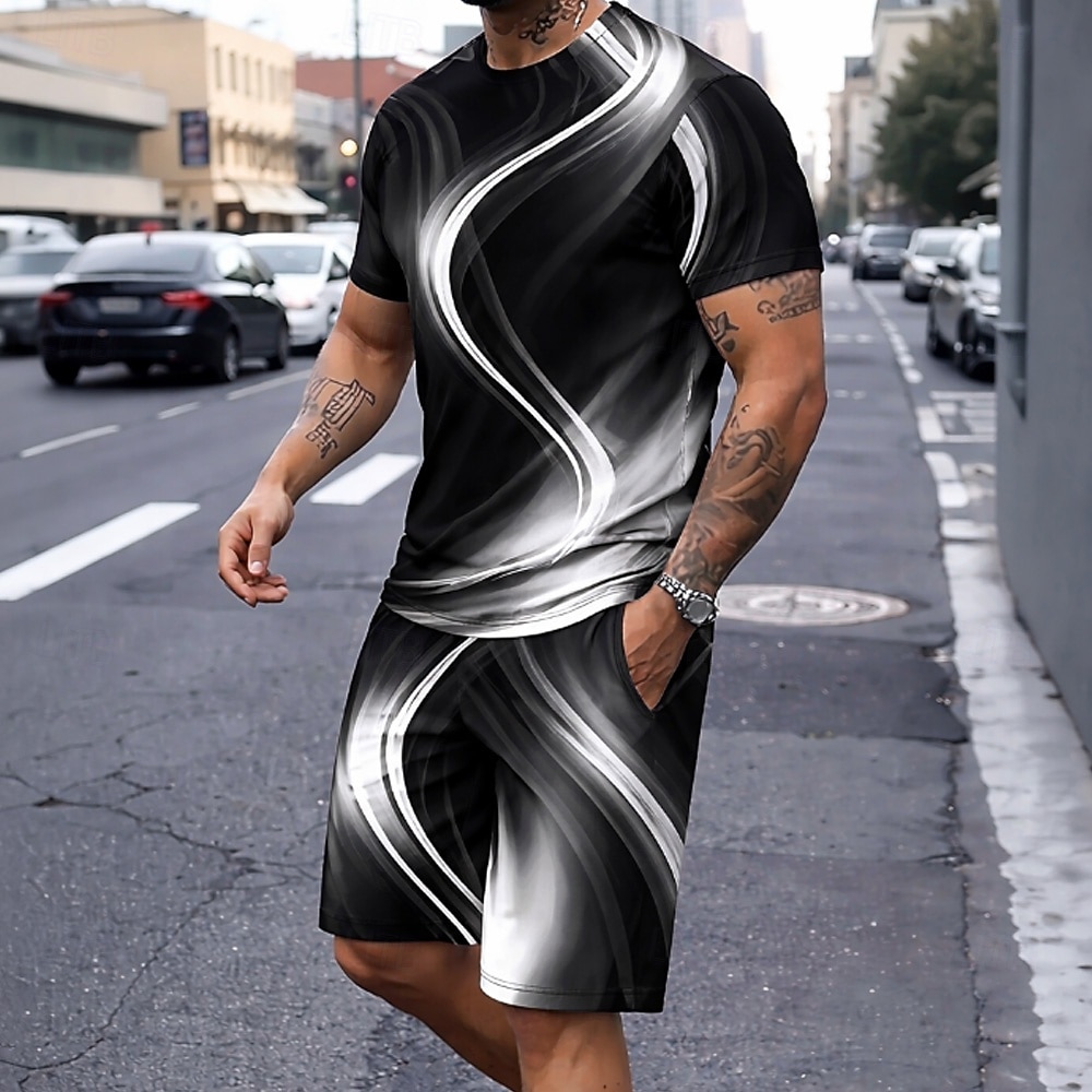 Herre Geometrisk Linje 2stk T-skjorter sett Sommertopper Kortermet Korte bukser Crew-hals Sport Fritid trendy Daglig Feriereise Ut på byen 3D-utskrift Sommer Blå Hvit Lilla 2026 - $28.99 –P1