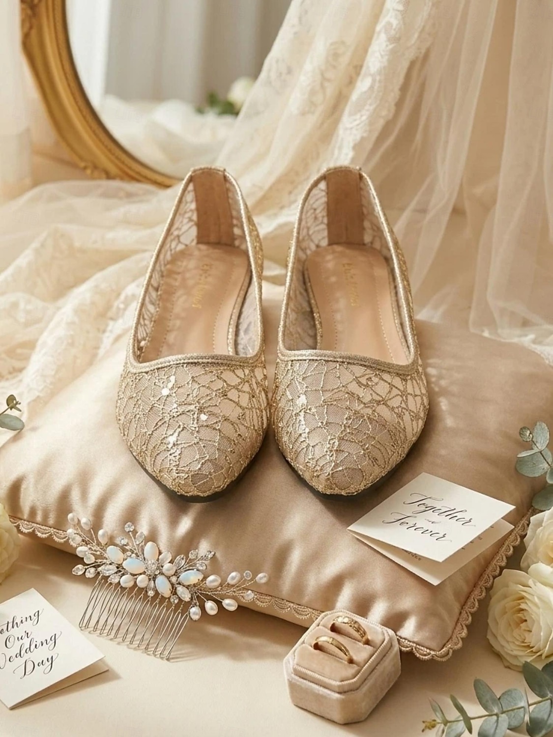 Zapatos de boda para madre de la novia/novio, zapatos planos de tacón bajo con encaje color champán para mujer, elegantes y cómodos zapatos de noche para invitadas de boda. 2026 - $18.99 –P2