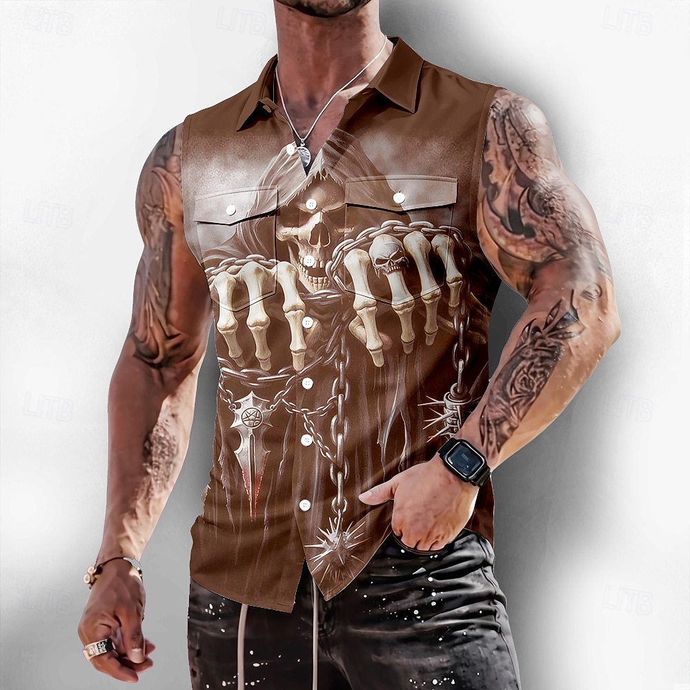 Hombre La muerte Calavera Horror Camisa Abotonar la camisa Camisa sin mangas Sin Mangas Estilo gótico oscuro Exterior Casual Verano Primavera Cuello Vuelto Impresión 3D Dos bolsillos delanteros Azul 2026 - $25.99 –P2