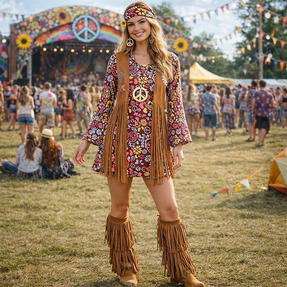 Set Retrò Vintage Anni '70 Vestito Copricapo Accessori Lunghe Hippie Disco Frange Floreale Paisley Costume Per donna Halloween Carnevale Festival Musicale Festa a tema retrò Adulti Vestito Copricapo del 2026 a $51.99 –P1