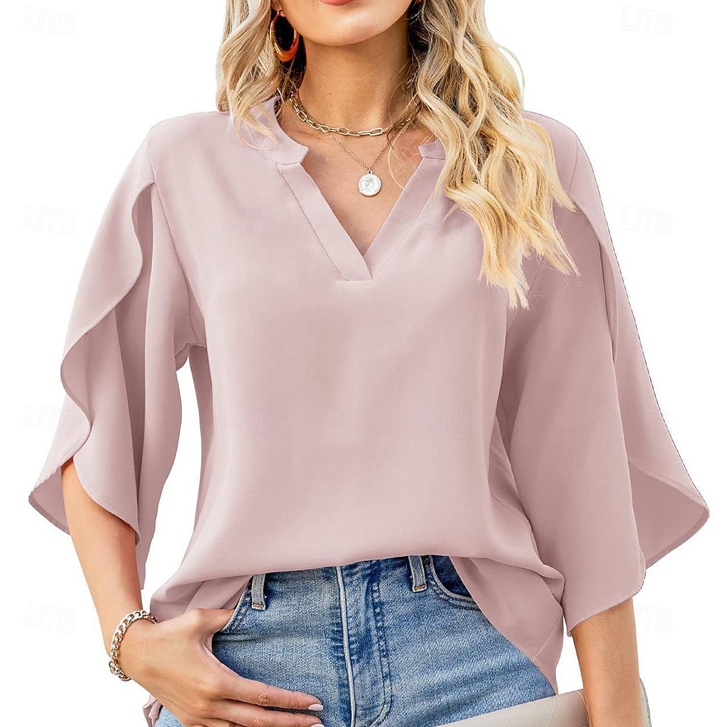 Per donna Camicia Camicia Estiva Camicia casual Top in chiffon Volant Tinta unica Semplice Elegante Vacanza Moda Mezza Manica Scollo a V Top Regolari Quotidiano Ferie Uscire Nero Bianco Rosa Verde del 2026 a $26.99 –P1