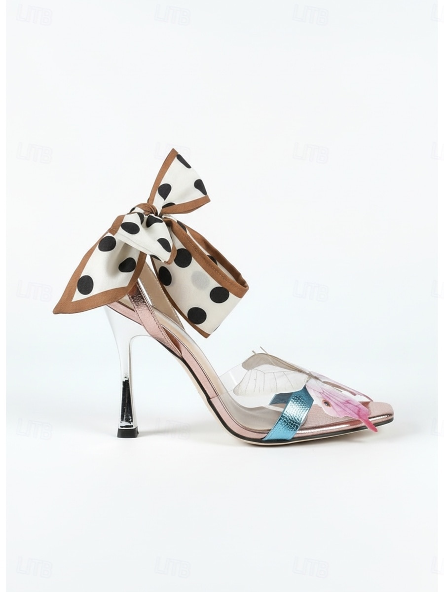 Sandalias de tacón alto con tiras y estampado de mariposas rosas para mujer - sandalias metálicas con cinta de lunares para eventos nocturnos, fiestas de vacaciones y galas. 2026 - $46.99 –P2