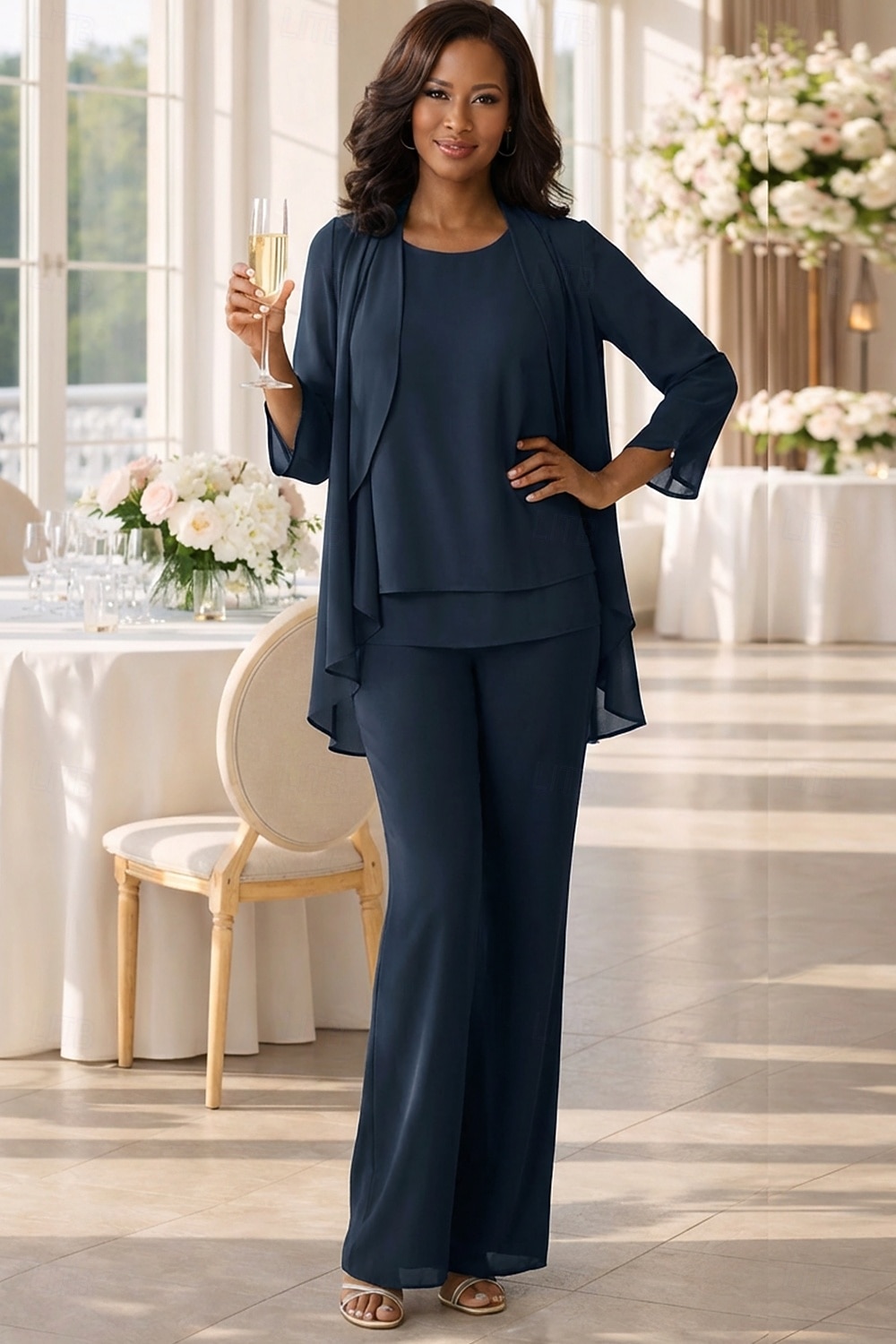 Overall Hosenanzug Bodenlang Brautmutterkleid Dreiviertelarm V Ausschnitt Elegant Hochzeitsgast Chiffon mit Rüschen 2026 - $142.99 –P7