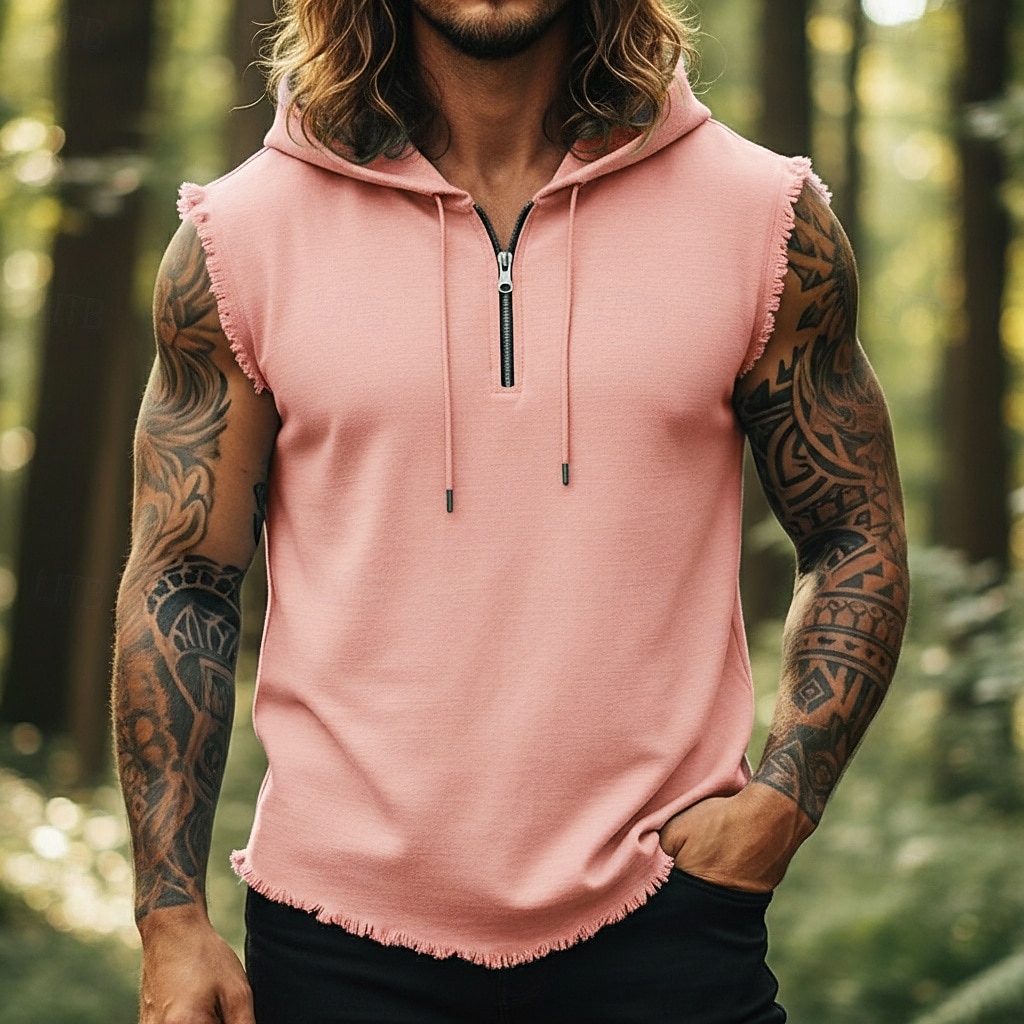 Men's Linen Shirt Tank Top Vest Undershirt Sleeveless Hooded Summer All Seasons Plain Fashion Streetwear Sporty Quarter Zip Casual Gym Street Pink Top Tee for Men 2026 - $21.99 –P1