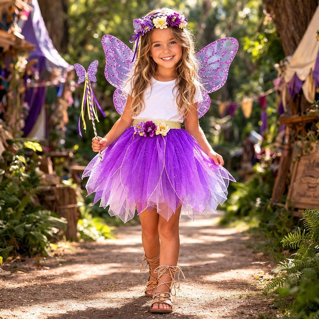 Set Medievale Rinascimento Elegante Lunghezza al ginocchio Gonna Ali Copricapo con accessori Fata Farfalla Floreale Costume Ragazze Fantasia Halloween Carnevale Feste Fiera Rinascimentale Bambini del 2026 a $51.99 –P9