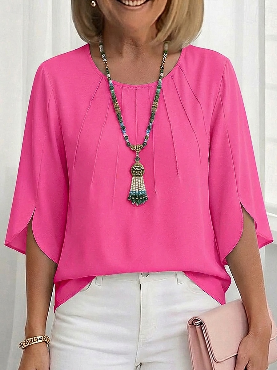 Dames Blouse Chiffon-topjes Met ruches Effen Klassiek Modern Casual Halve mouw Strakke ronde hals Normale tops Dagelijks Buiten Feestdagen Wit Lichtgroen Smaragdgroen Rose Roze Licht Blauw Zomer Lente 2026 - $21.99 –P1