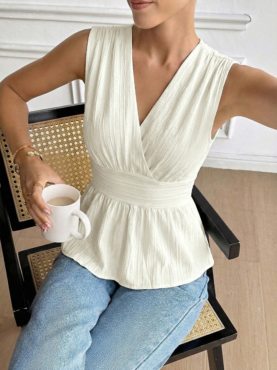 Mujer Camiseta sin mangas Frunce Plano Elegante Moda Clásico Sin Mangas Manga Corta Escote en Pico Tops regulares Diario Noche Fin de semana Albaricoque Verano Primavera 2026 - $27.99 –P2