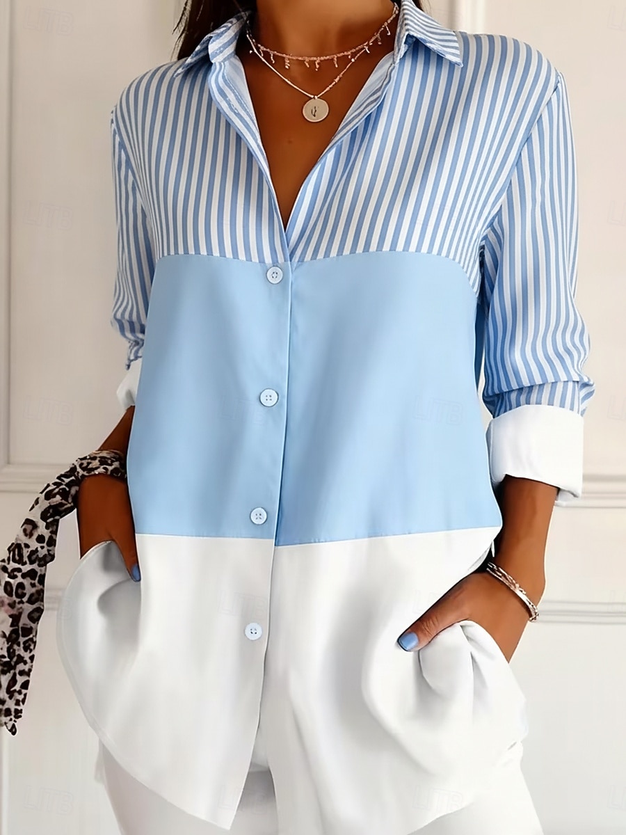 Dames Overhemd Knop Afdrukken Grafisch Gestreept Elegant Stijlvol Casual Lange mouw Overhemdkraag Normale tops Dagelijks Streetwear Werk blauw Zomer Lente Herfst 2026 - $36.99 –P1