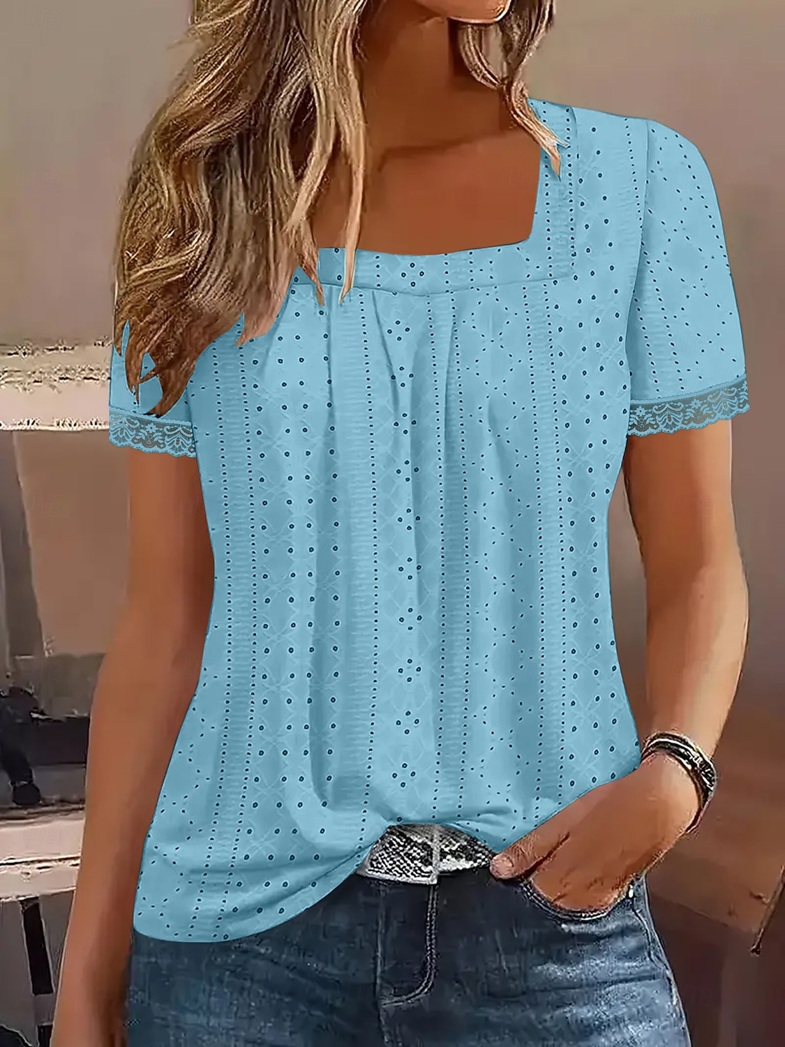 Women's T Shirt Tee Top Eyelet Plain Fashion Stylish Classic Short Sleeve Square Neck Regular Tops Long Tops Daily Going out Weekend Blue Purple Summer Spring 2026 - $24.99 –P6