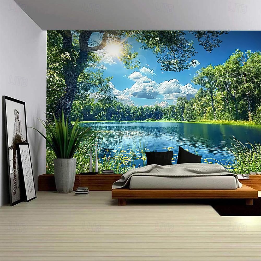 Natur, Wald, See und Sonnenlicht – realistische 3D-Landschaft, Wandteppiche mit grünen Bäumen und blauem Himmel, sommerliche Landschaft, ideal für Schlafzimmer, Wohnzimmer, Homeoffice. 2026 - $45.99 –P1