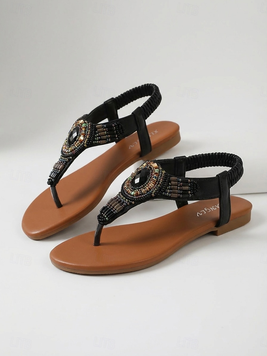 Sandales plates bohèmes à perles pour femmes - sandales ethniques tribales à bride en T et bride élastique à l'arrière, idéales pour les vacances à la plage et les séjours en bord de mer. & été de 2026 ? $42.99 –P6
