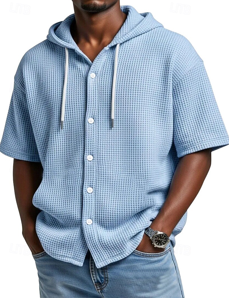 Voor heren Overhemd Wafel Shirt Normaal shirt Overhemd met knopen Wit Korte mouw Effen Kleur Effen Capuchon Casual Dagelijks Lapwerk Kleding Vakantie Modieus Casual 2026 - $30.99 –P1
