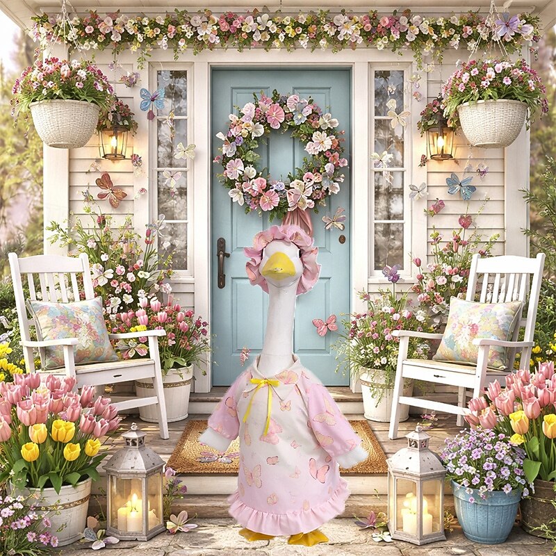 Pink Butterfly Porch Goose Outfit with Bonnet, Ruffled Goose Clothes for 23-25" Concrete Garden Goose Statue, Spring Summer Outdoor Yard Decor, Outfit Only, Goose Not Included 2026 - $19.99 –P3