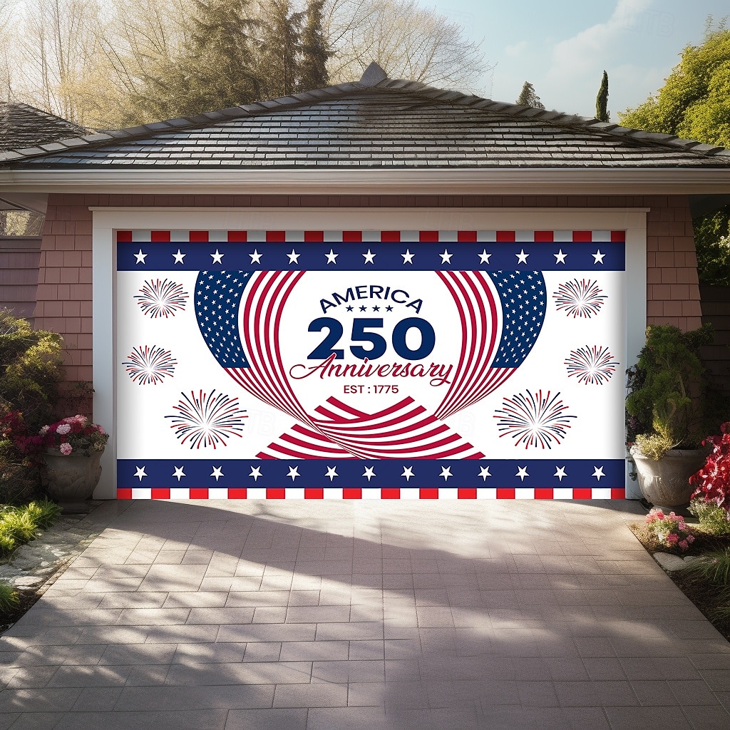 4th of July 2026 250th Memorial Day Anniversary 1775 Wavy American Flag Stars Stripes Fireworks Garage Door Banner Patriotic Outdoor Decoration Independence Day 4th of July Celebration Mural Backdrop 2026 - $49.99 –P6