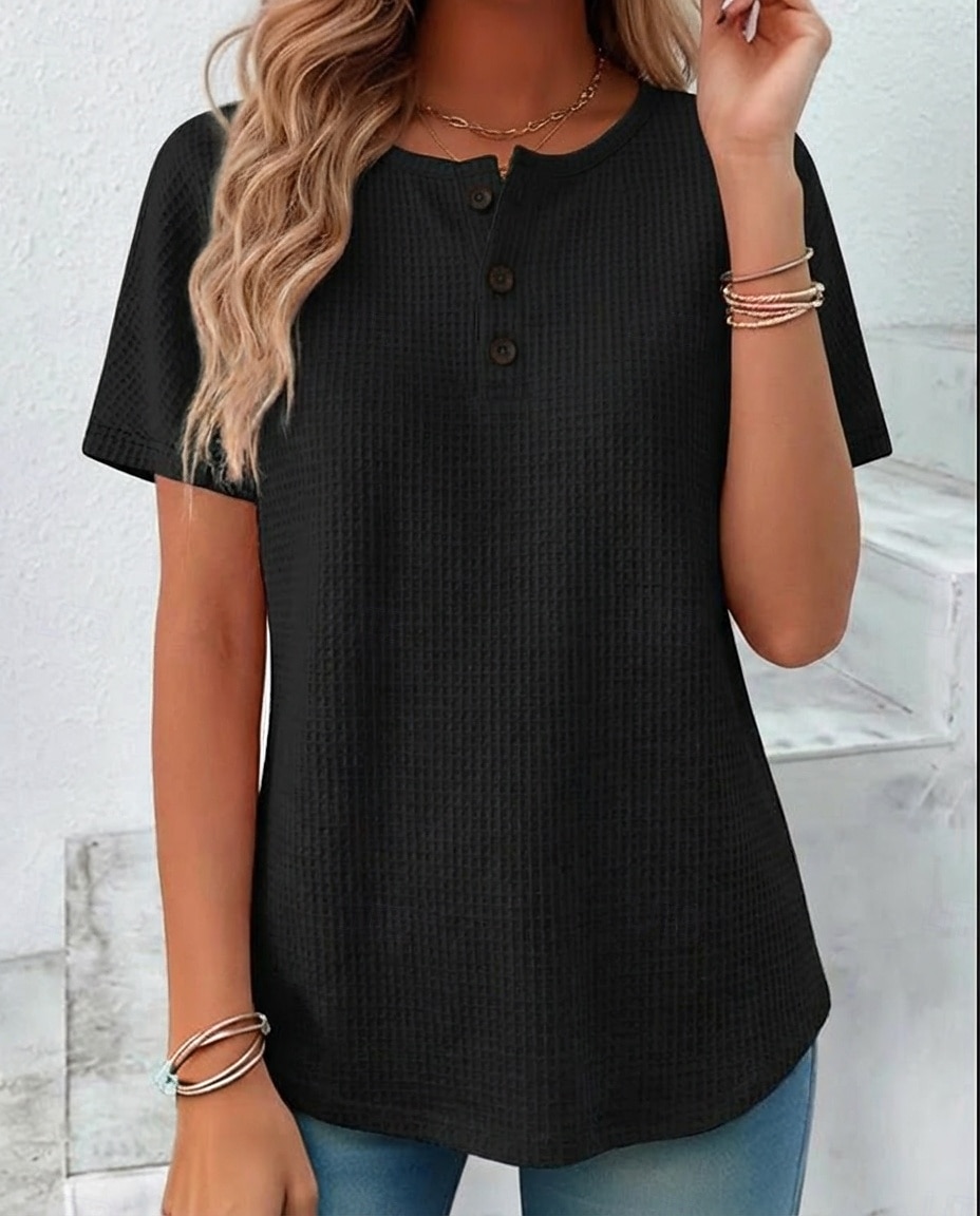 Mujer Camiseta Tops de verano Tops de punto gofre Botón frontal Graphic Plano Elegante Clásico Manga Corta Cuello Barco Tops regulares Diario Noche Ropa de playa Negro Blanco Amarillo Rojo Naranja 2026 - $27.99 –P1