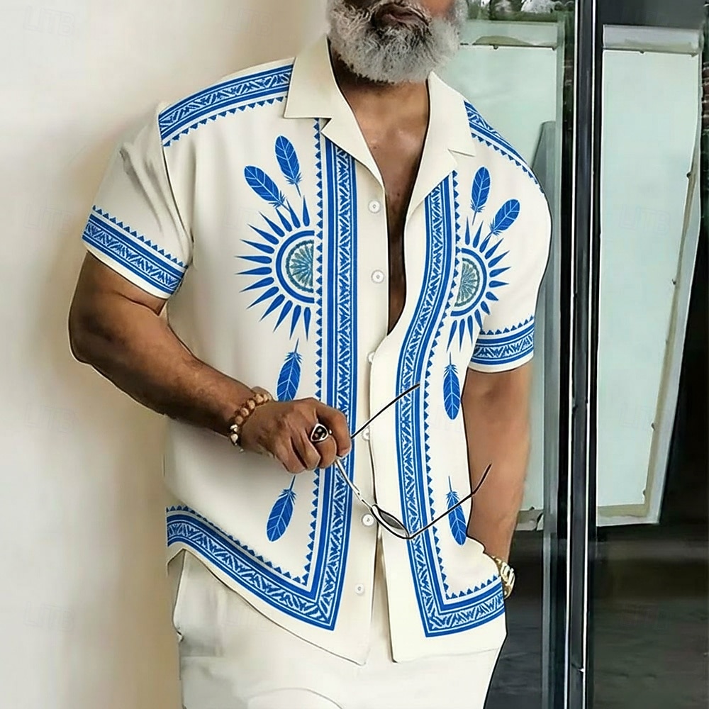 Miesten Geometrinen printti Etninen Aurinkototeemi Paita Button Up paita Leirin paita Lyhythihainen Vintage retro Katuvaatteet Loma Kesä Kevät Kuubalainen kaulus 3D-tulostus Sininen Punastuvan 2026 - $25.99 –P2
