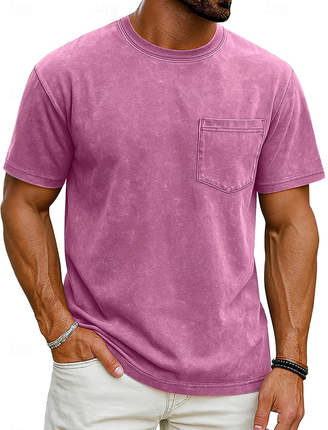 Herr T-shirt Tvätta skjorta i 100 % bomull Kortärmad Rund hals Sommar Vår Alla årstider Ensfärgat Elegant Vintage Neutral Ficka Färgade plagg Bedrövad Ledigt Hem Utomhus Svart Rosa Brun Topp t-shirt 2026 - $20.99 –P7