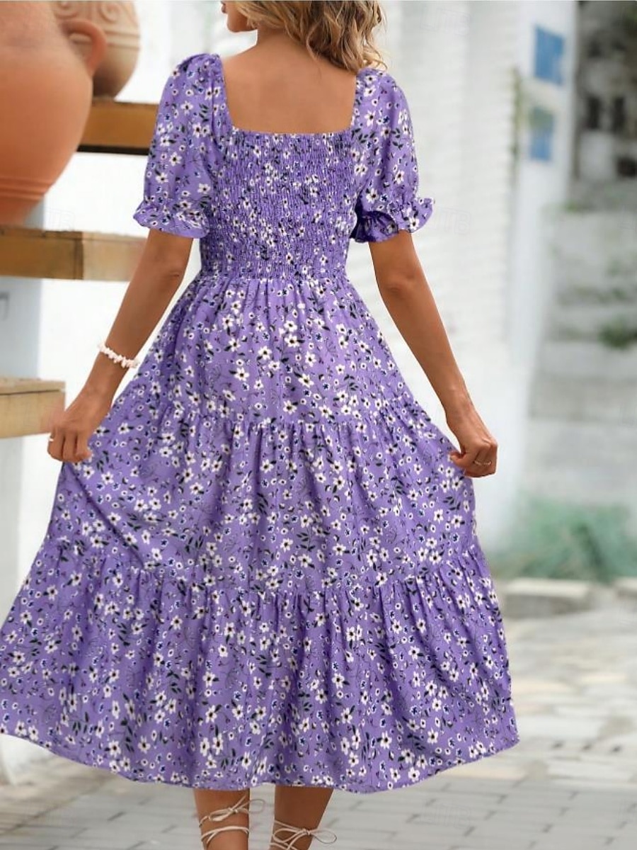 Women's Midi Dress Casual Dress Floral Dress Elegant Fashion Modern Outdoor Vacation Going out Regular Fit Floral Short Sleeve Square Neck Blue Black White Pink Summer Spring 2026 - $25.99 –P2